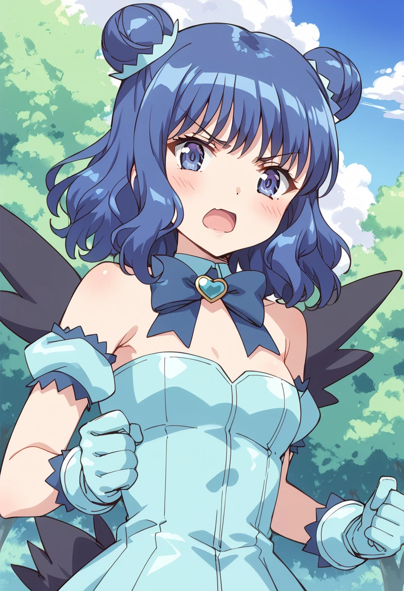 score_9, score_8_up, score_7_up, source_anime BREAK
mew mint, 1girl, solo, blue hair, blue eyes, double bun, open mouth, detached sleeves, blue gloves, upper body, bare shoulders, day, angry, v-shaped eyebrows, puffy detached sleeves, short hair, hair ornament, eyebrows visible through hair, outdoors, :o, black wings, tree, blush, bowtie, cloud, bird tail, clenched hands, blue sky, shiny hair, blue neckwear, looking at viewer, wavy hair, detached collar, puffy short sleeves, bangs, blue dress, blue bow, wrist cuffs, small breasts, dark blue hair, choker, anime coloring, mini wings, strapless dress, aqua gloves, purple eyes, sidelocks, heart brooch
<lora:mew_mint_aizawa_mint_sdxl_locon_pony_v1:0.7>