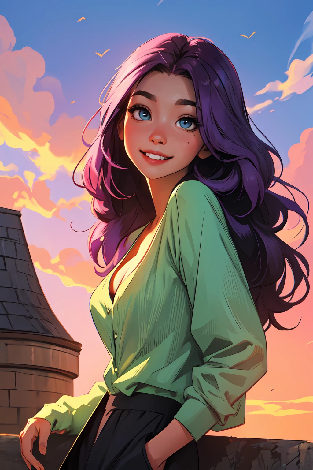 (masterpiece:1.2),(best quality:1.2),perfect eyes,perfect face,volumetric lighting,1girl,mature female,MILF,streetwear,urban style,(Shrek Green :1.1) blouse showing a beautiful cleavage,pants,long detachedlight purple hair,colorful streaks,intricate hairdo,smiling,happy,Chisinau,dark theme,sunset,clouds,detailed background,intricate,high quality,best quality,high resolution,pixiv,sciamano240,artgerm,,<lora:sam_yang_offset_right_filesize:0.8>,<lora:GoodHands-beta2:1>