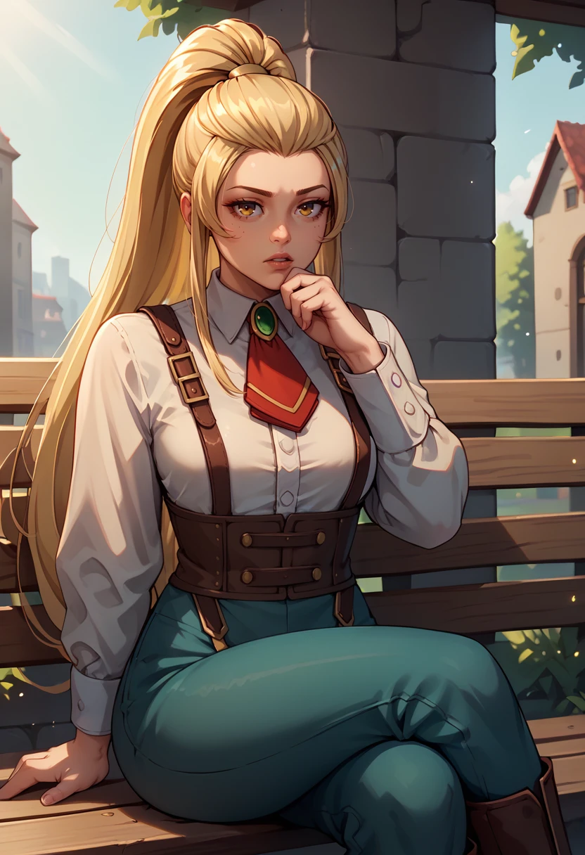 score_9, score_8_up, score_7_up, 1girl, sitting, crossed legs, hand on own chin, thinking, parted lips, BREAK <lora:JadeFE-pdxl:1> casJade, long hair, high ponytail, sidelocks, collared shirt, big breasts, white shirt, long sleeves, brooch, red ascot, suspenders, high-waist pants, boots, outdoors, bench