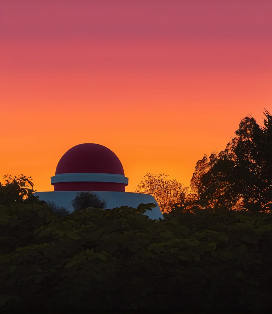 ,Silhouette of a domed structure against a vibrant sunset,warm color palette with shades of orange and red,silhouette of trees and foliage,minimalistic composition,serene and tranquil setting,smooth gradient in the sky,high contrast between foreground and background,peaceful evening atmosphere,simple yet striking visual effect,captured with a clear focus,no discernible artist inspiration apparent,average quality,<lora:çå®å¤§æ¨¡å-000001:1>