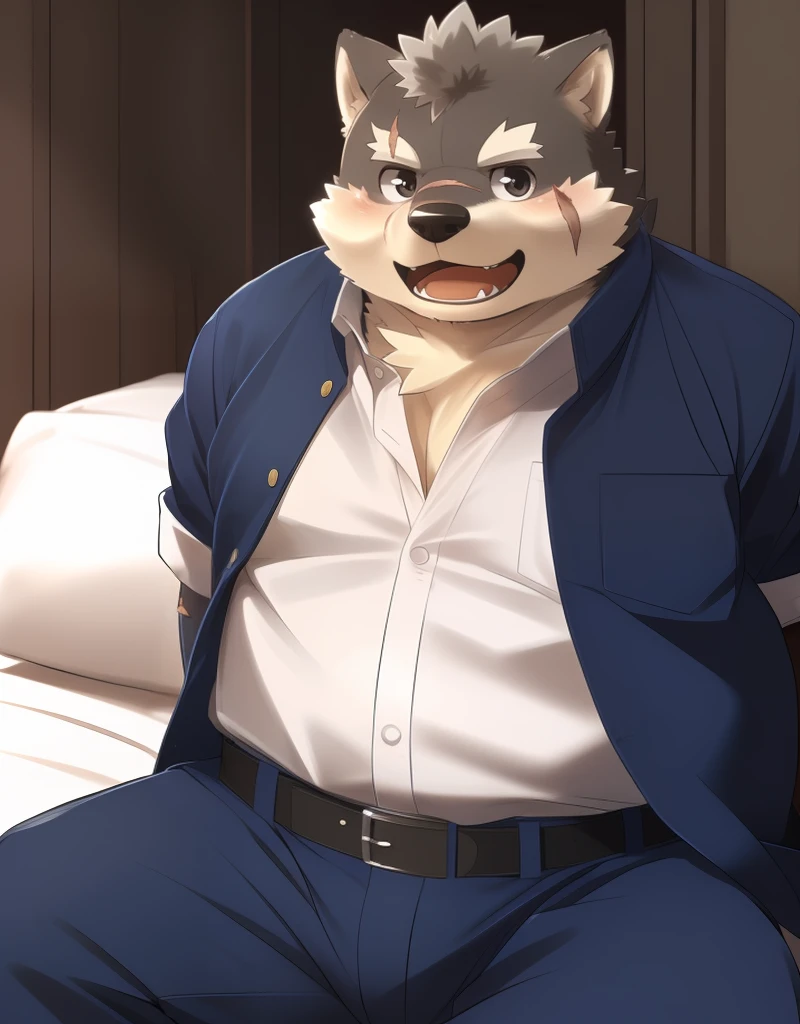 (((detailed eyes, detailed face))), (furry, moritaka <lora:character_moritaka_findigo_v3+1:1>, two-tone fur, dog boy, snout, black eyes, scar, tattoo on hand), male, (solo), (plump, fat, chubby, overweight), ((open gakuran:1.8, open clothes), white shirt, blue pants), sitting, (arms behind back), smile, (front view) BREAK (konzaburou, ukan_muri), bedroom, (flat shading, flat color, high brightness), 8k, UHD, masterpiece, (full body), (scar on face, scar on cheek, scar on arm, scar on nose)