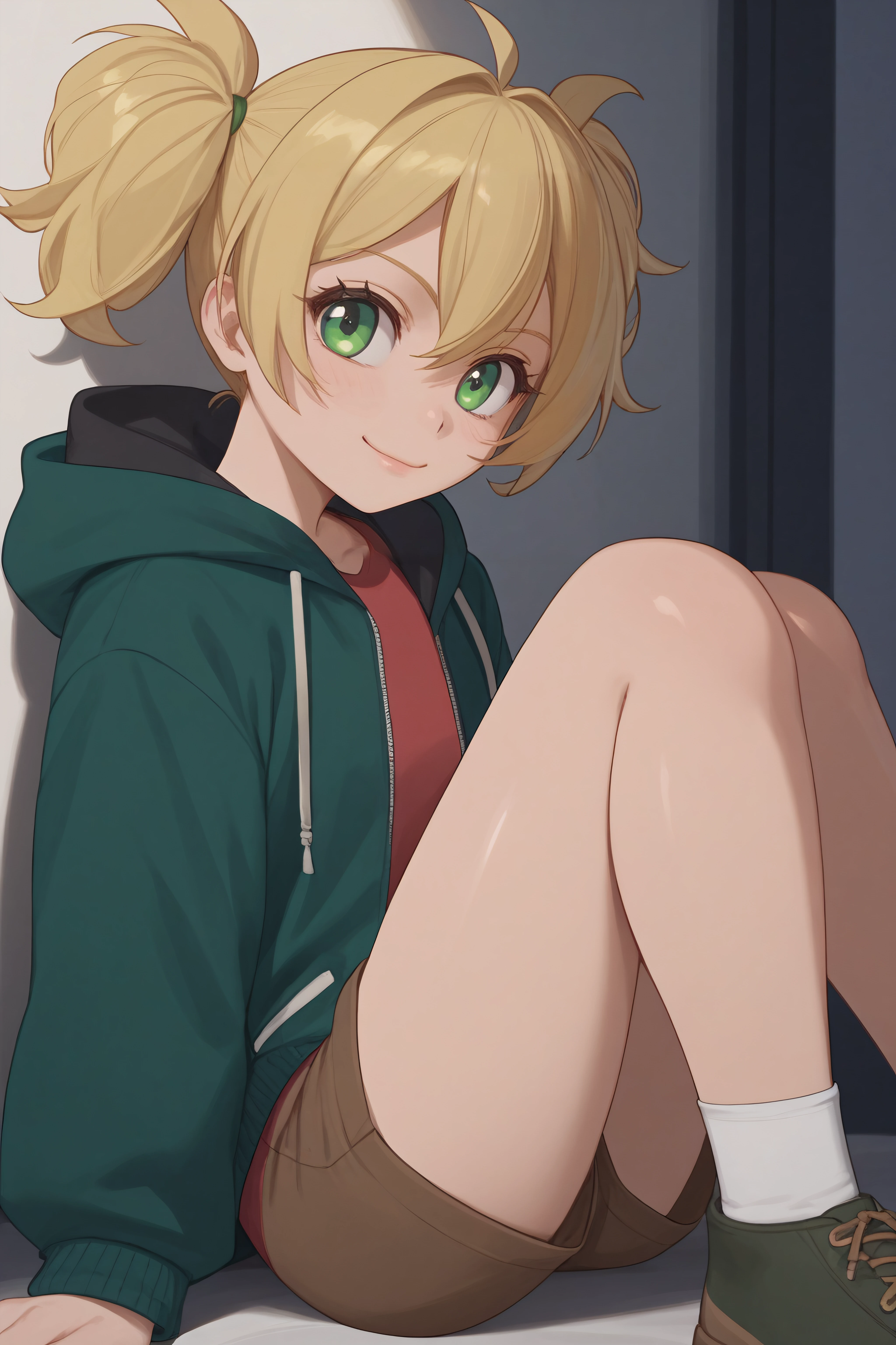 score_9, score_8_up, score_7_up, BREAK source_anime, <lora:Young Cal Devens-PonyXL-lora-Faxtron:0.8> young cal devens, green eyes, blonde hair, short twintails, red shirt, green hooded jacket, brown shorts,