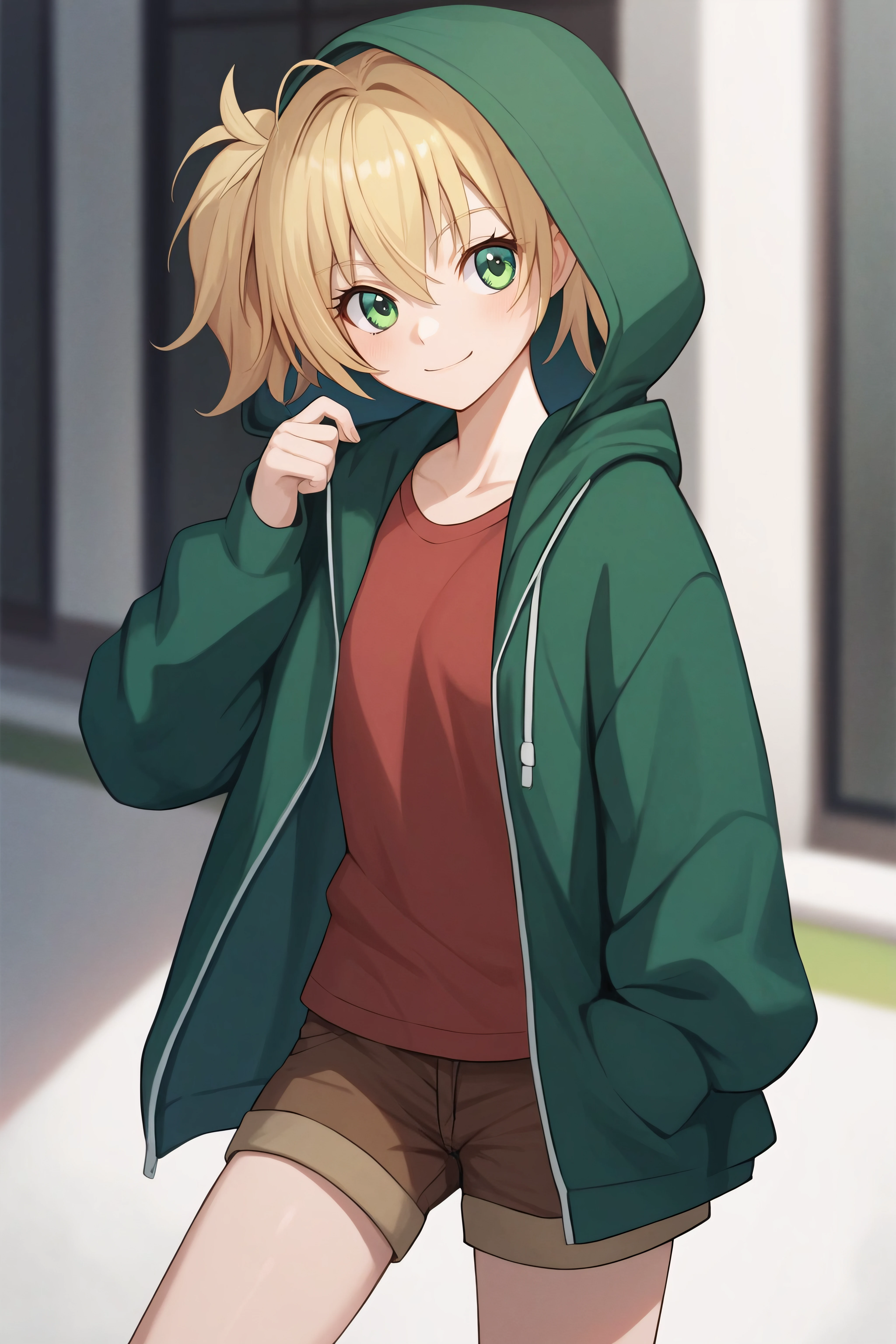 score_9, score_8_up, score_7_up, BREAK source_anime,  <lora:Young Cal Devens-PonyXL-lora-Faxtron:0.8> young cal devens, green eyes, blonde hair, short twintails, red shirt, green hooded jacket, brown shorts,