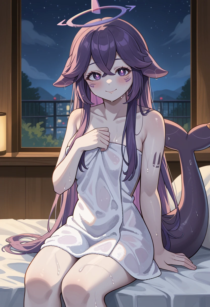 Cute, young, flat chest, , naked, small legs, showering, thin legs, wolf ears, fluffy tail, dark purple hair, dark purple tail, smiling, starry hair, wet, dripping wet