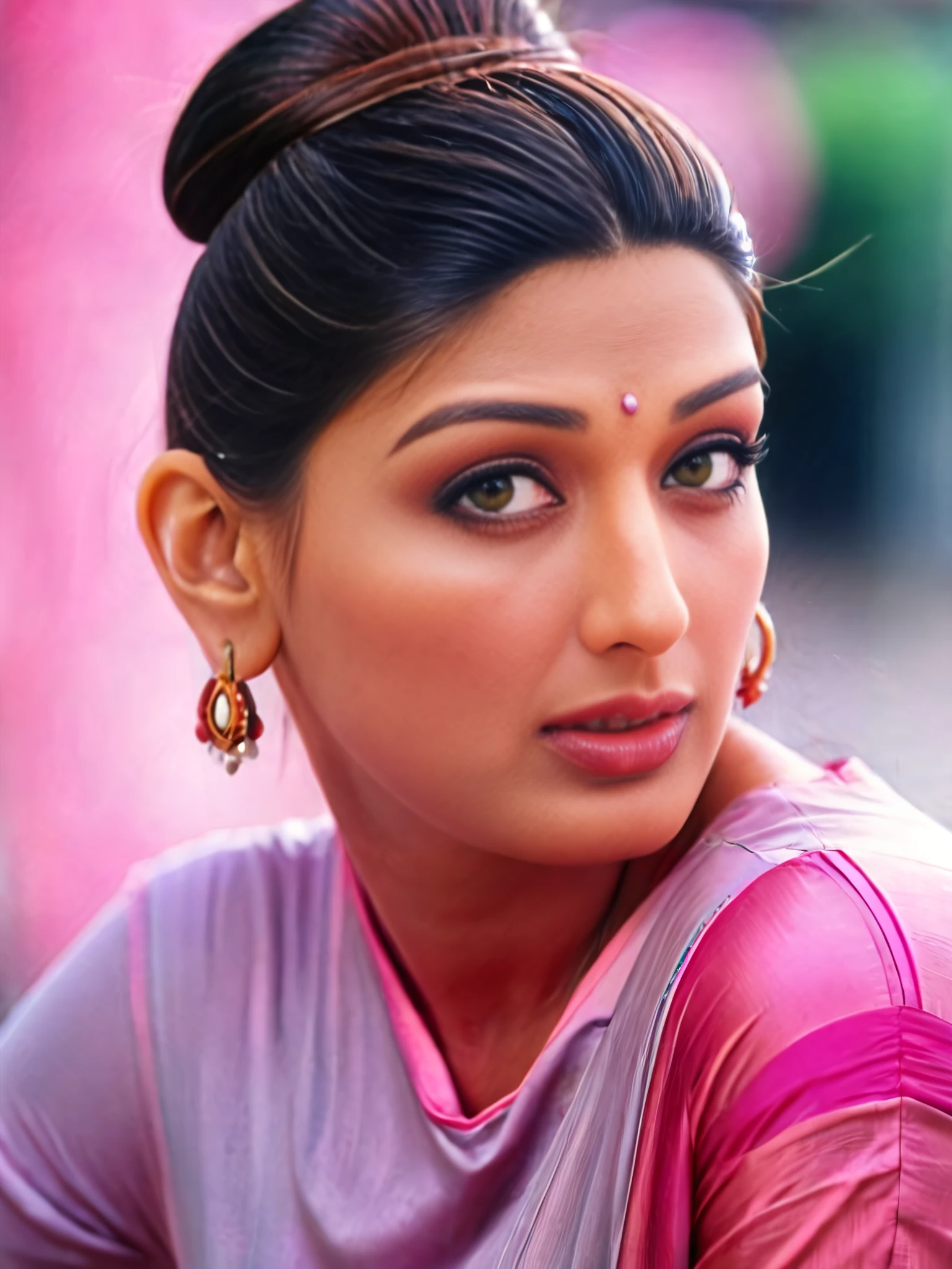 portrait photo of sonali bendre woman, solo, hair in bun, , looking at the camera,  Pink clothing, , contrasting background bokeh    <lora:Sonali_Bendre_SDXL_LoRA_prodigy_local:1>