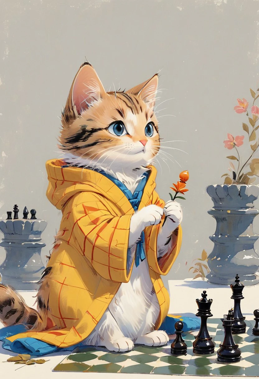 In a whimsical scene, pleasantly warm, narrative film, an orange-striped cat with striking blue eyes is engrossed in a game of chess. Dressed in a vibrant yellow robe, the feline king sits atop a checkerboard, his paw poised over a piece.