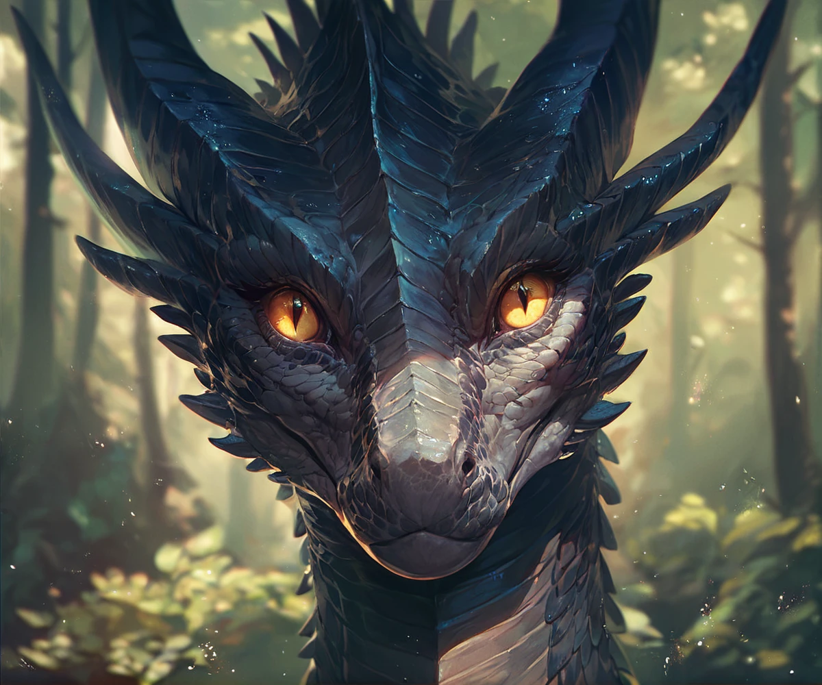 (score_9:1.5), (score_8_up:1.2), score_7_up, score_6_up, portrait of a cute female black dragon with yellow eyes standing in a magic forest, solo, front view, reptile, nature, peaceful, elegant, detailed scales, forest background   <lora:ponydragon-xl-v1:1>, feral