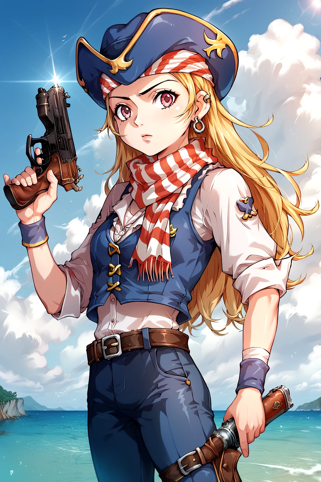 score_9, score_8_up, score_7_up, score_6_up, score_5_up, score_4_up, 1girl, nsfw, source_anime, solo, Kyrin, blonde hair, long hair, red and white striped bandana, pirate hat, pink eyes, red and white striped scarf, vest, shirts, wristband, belt, pants, <lora:Kyrinpony:0.75>, <lora:Concept Art Eclipse Style LoRA_Pony XL v6:0.6>, ***, holding gun, gun