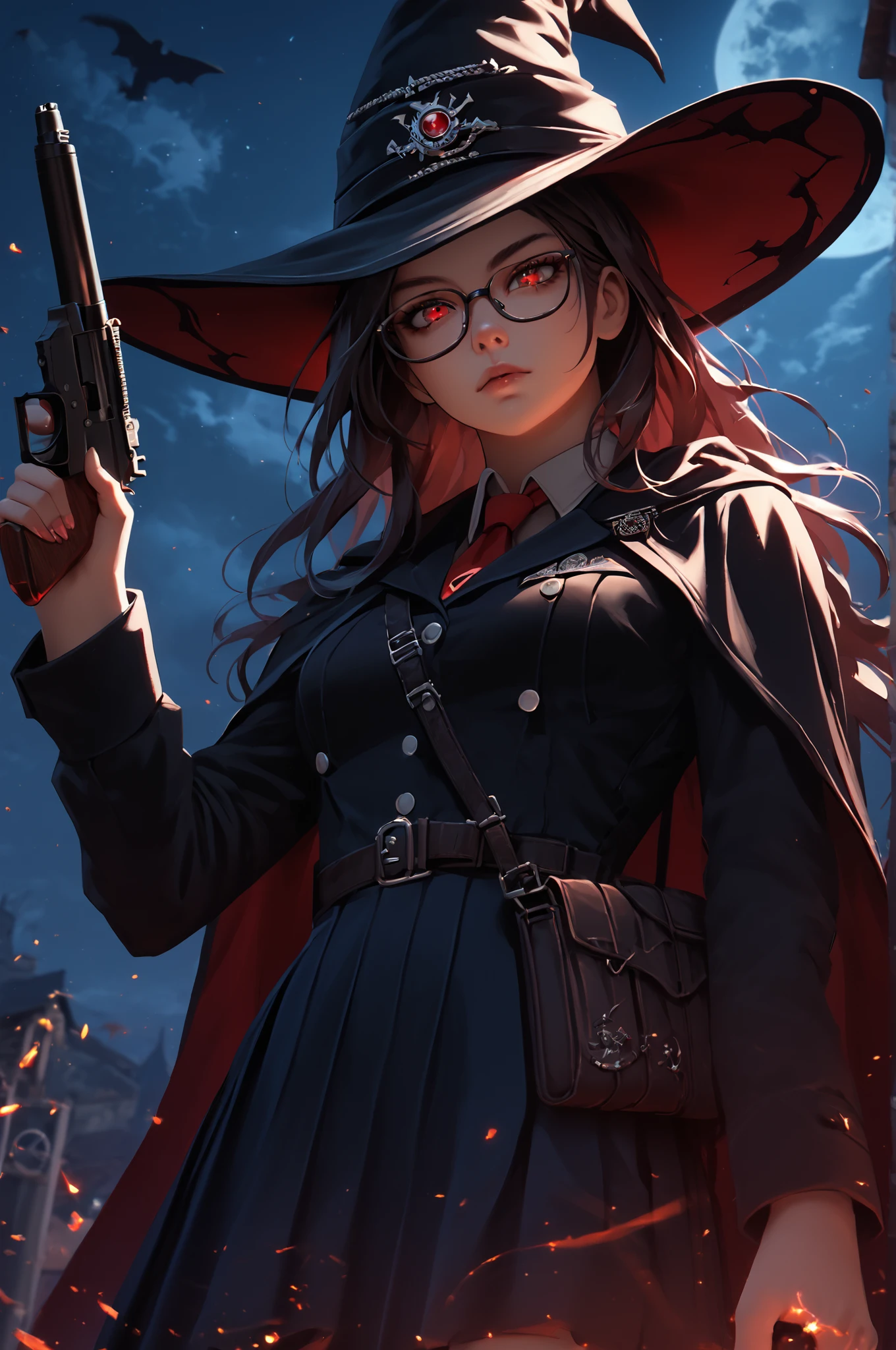 score_9, score_8_up, score_7_up, score_6_up, score_5_up, score_4_up, <lora:BMU-000007:0.99> bmu, uniform, 1girl, dark_skin, skirt, red_tie, witch_hat, casting_spell, magic, holding_gun, cloak, glasses, red_eyes, black_hair, very_long_hair, handgun, night_sky, from_below, long_skirt, long_sleeves, , (high quality, detailed, beautiful)