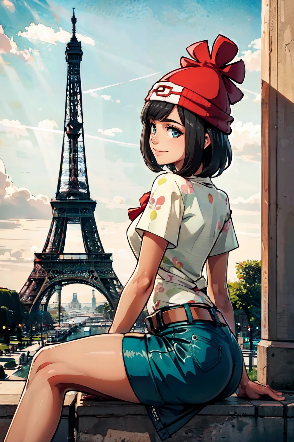 ((masterpiece,best quality)), absurdres, <lora:EiffelTower_v2:0.7>,   zzEiffelTower in background, sitting on wall, side view, BREAK,  <lora:Selene_SD:0.8>, zzSelene, 1girl, solo, black hair, green shorts, red headwear, beanie, shirt, tied shirt, floral print, short hair, short sleeves, short shorts, striped, white shirt, belt,  BREAK, looking at viewer, smile,  from behind, sky,  looking at viewer,