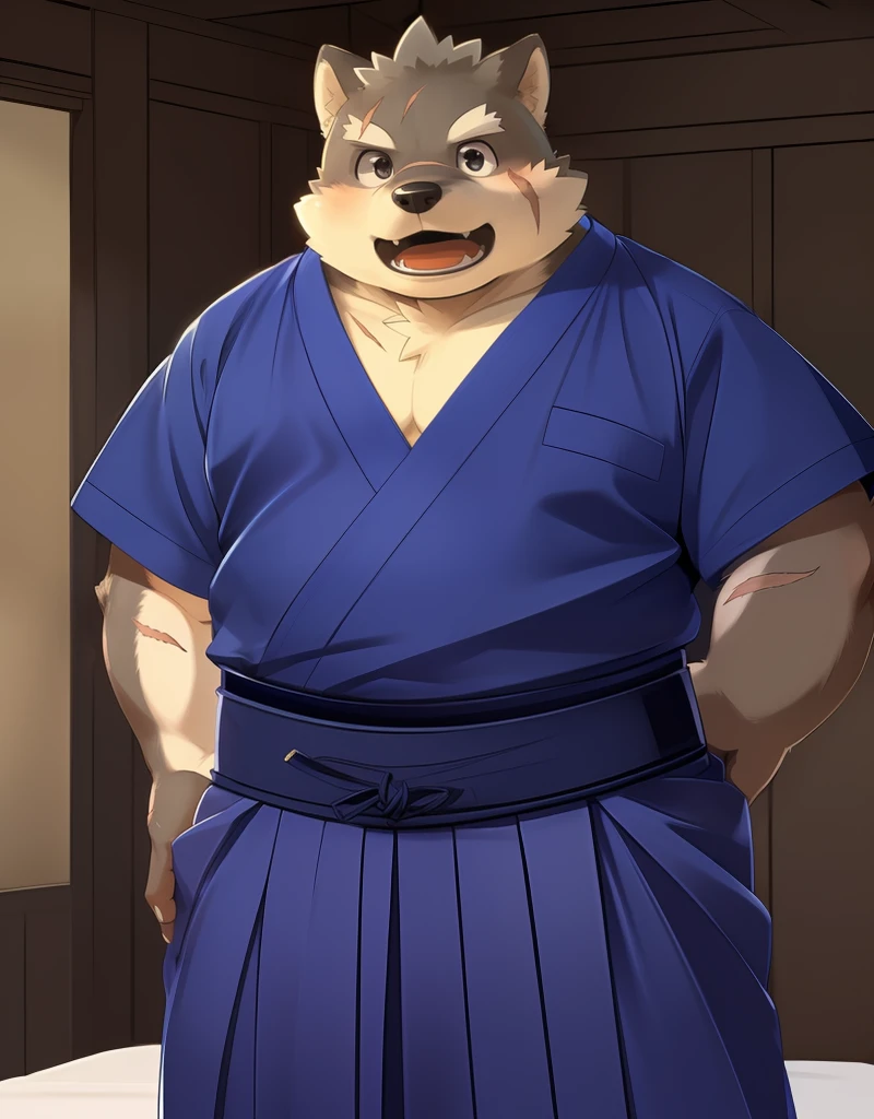 (((detailed eyes, detailed face))), (furry, moritaka <lora:character_moritaka_findigo_v3+1:1>, two-tone fur, dog boy, snout, black eyes, scar, tattoo on hand), male, (solo), (plump, fat, chubby, overweight), (blue kimono, short sleeves, blue hakama), standing, (arms behind back), smile, (front view) BREAK (konzaburou, ukan_muri), bedroom, (flat shading, flat color, high brightness), 8k, UHD, masterpiece, (full body), (scar on face, scar on cheek, scar on arm, scar on nose)