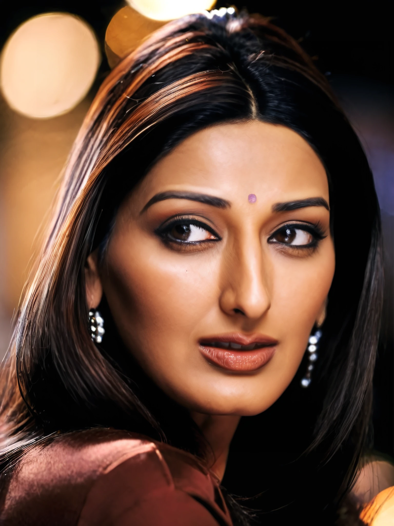 portrait photo of sonali bendre woman, solo, , , looking at the camera,  Brown clothing, night time, contrasting background bokeh    <lora:Sonali_Bendre_SDXL_LoRA_prodigy_local:1>