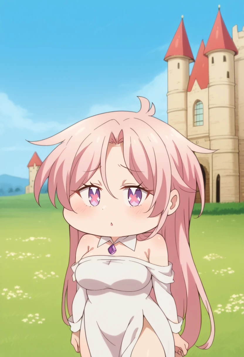 score_9, score_8_up, score_7_up, source_anime BREAK 1girl, looking at viewer, cowboy shot,
<lora:TaliaDwnstyPdxl:0.8>, talia_def, purple eyes, pink hair, long hair, hair over one eyes, white dress, side slit, parted bangs, detached collar, white dress, long sleeves, bare shoulders, side slit,
breasts, expressionless,
outdoors, blue sky, grass, castle,
<lora:7thPrinzIsekaiDwnstyArtstyle:1> , <lora:7thprinceChibiDwnsty-000008:1>, chibi, 7thprincechibi, no humans, no pupils, jitome,