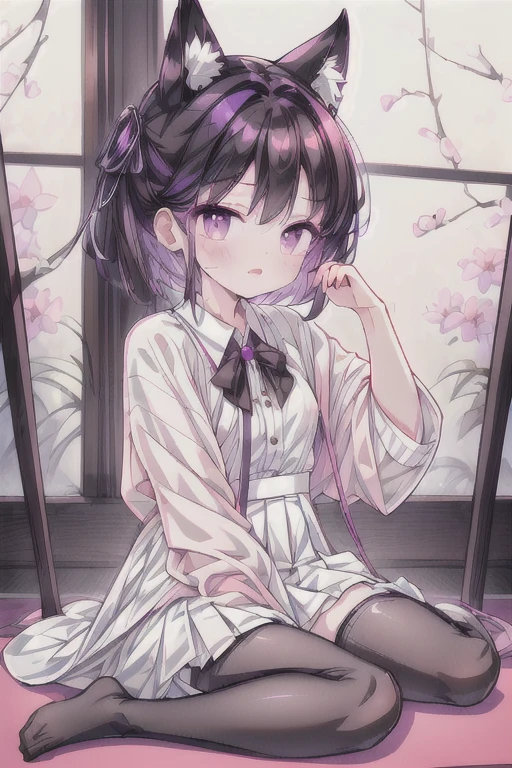 (masterpiece, best quality, high quality, highres, ultra-detailed),1girl,black eyes,(purple hair),short hair,cat ears,white skirt,whiskers,happy,looking at viewer,(black legwear:1.1),(wariza:1.2),facing viewer,close up,solo focus,sitting on floor,