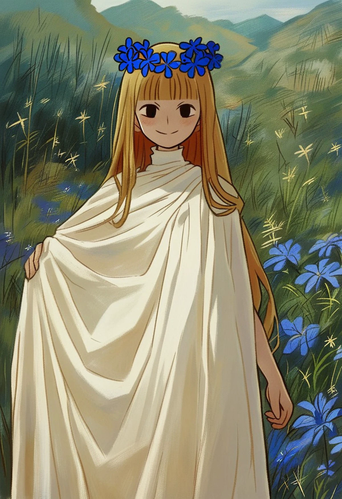 1girl, score_9, score_8_up, score_7_up BREAK amalka in the style of Walter Crane, long blonde hair, blunt bangs, black eyes, blue flower crown, white scarf, long white sleeveless dress, cowboy shot, magical lake background, smiling at viewer, closeup,