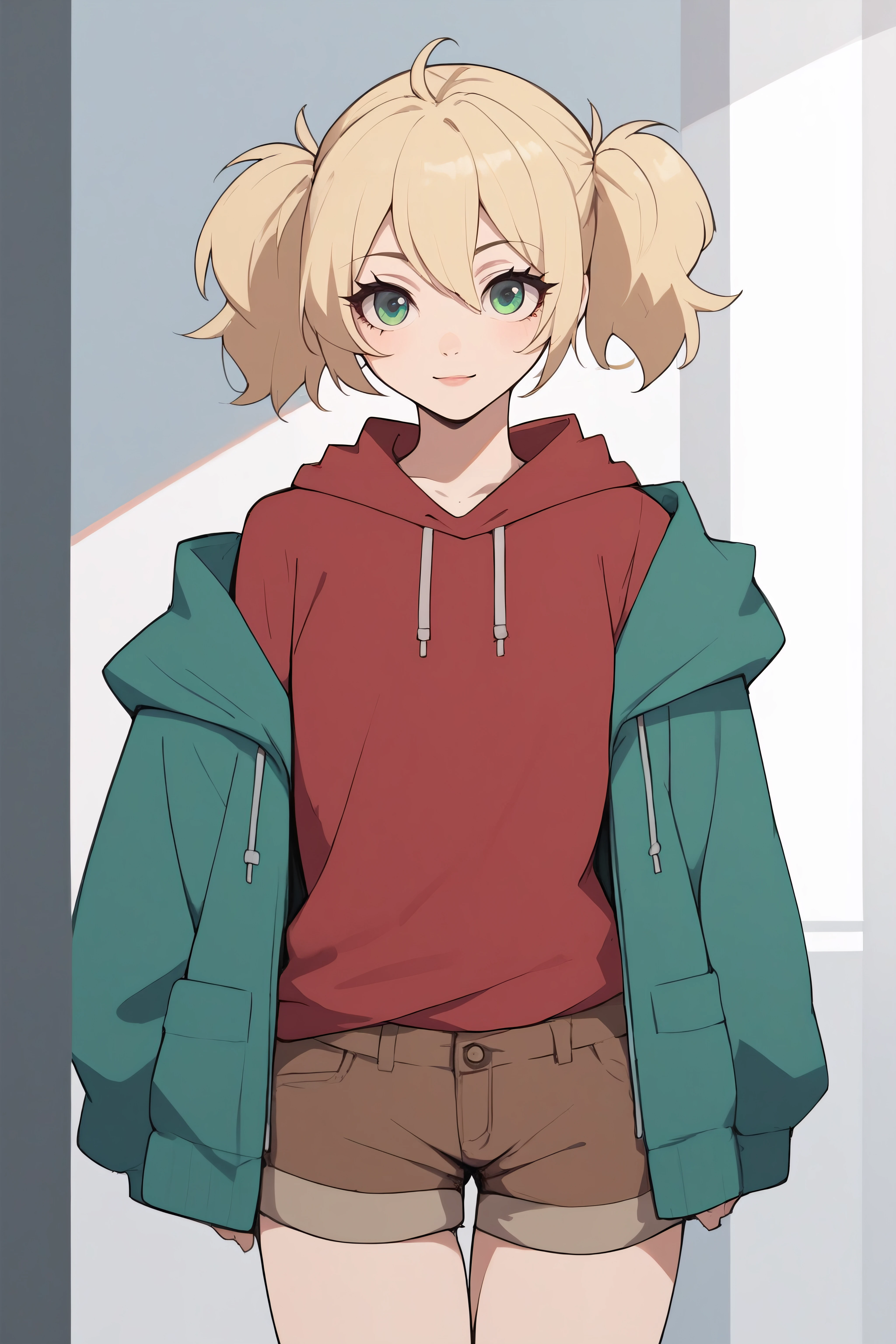 score_9, score_8_up, score_7_up, BREAK source_anime, <lora:Young Cal Devens-PonyXL-lora-Faxtron:0.8> young cal devens, green eyes, blonde hair, short twintails, red shirt, green hooded jacket, brown shorts,