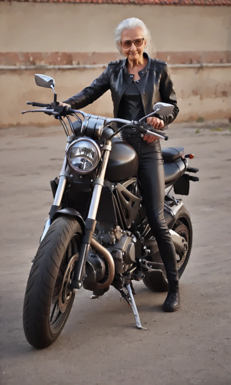 sitastmo, (front view)++++ , old woman on a black motorcycle , black leather jacket, black leather pants <lora:SitAstrideMotorcycle.0.9:1.1>