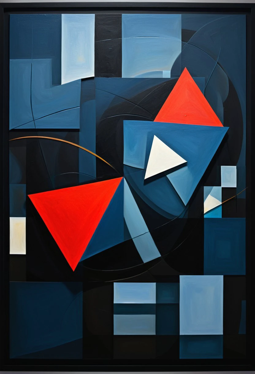 a bird's-eye perspective, a striking abstract painting takes center stage on a dark blue canvas. the painting is composed of a series of geometric shapes, predominantly black, and red, arranged in a square pattern. 3d, volumes, the black shapes dominate the majority of the composition, while the white shapes are subtly revealed in the lower right corner. the painting's title, "dancing couple," is subtly etched into the lower right corner of the canvas.