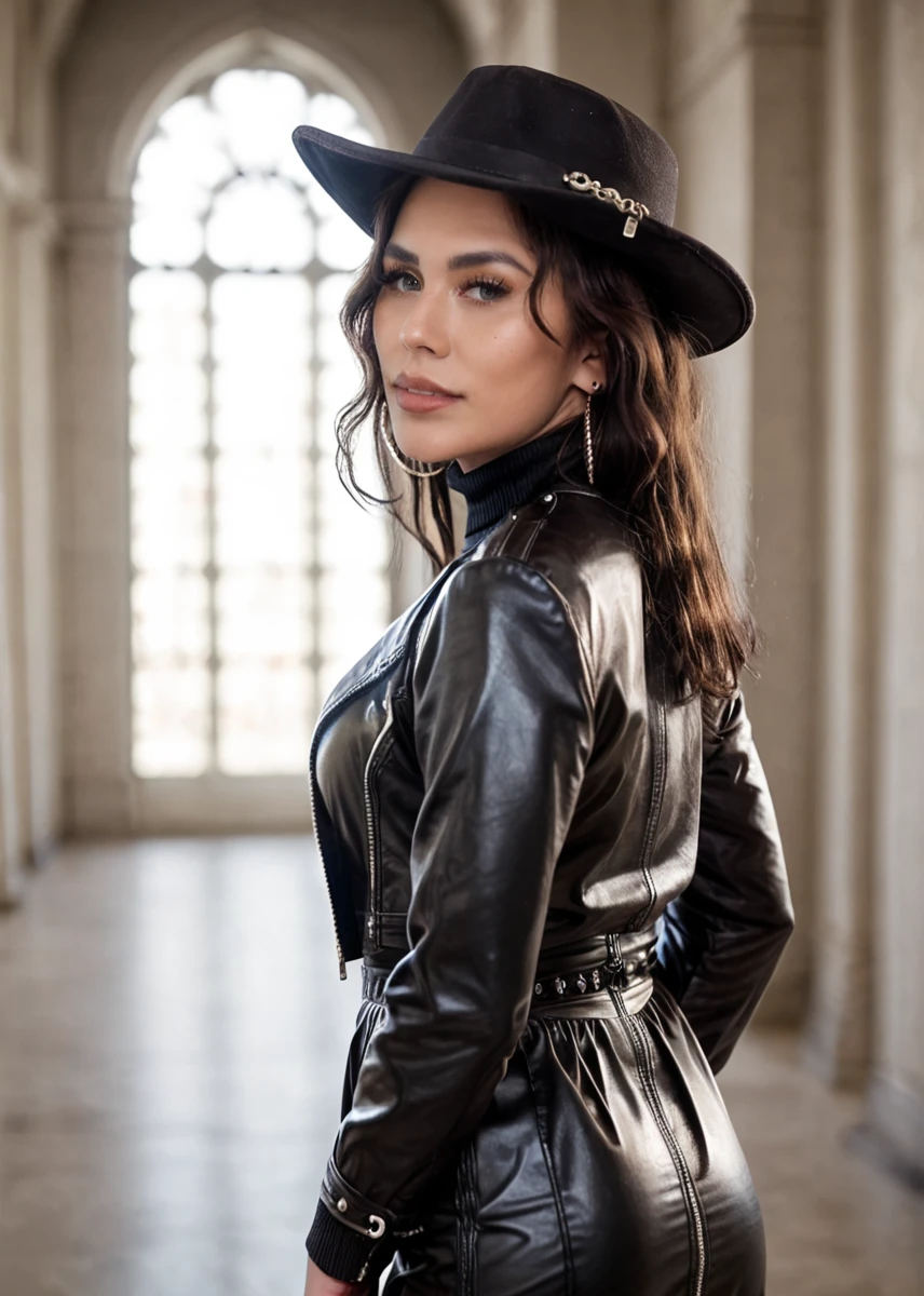 score_9, score_8_up, score_7_up, A captivating masterpiece, photo, realistic, 1 woman, (leather dress with turtleneck:1.2, jacket, hat), half body, sideways from behind, looking at the viewer, studio lighting, background blurred, 8k,<lora:MS_JenaLaRose_V1_Pony:0.8>, elegant, ornate clothing, high contrast, dramatic shadows, mysterious, cinematic,,