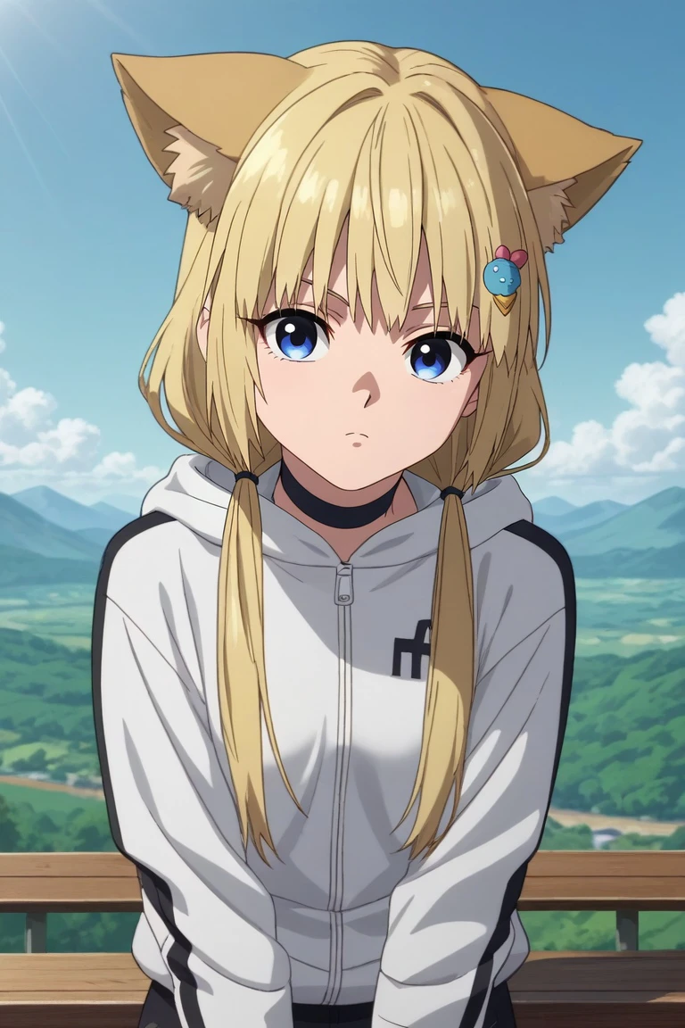 score_9, score_8_up, score_7_up, , rating_safe, intricate details, anime screencap, , official style, , , 1girl, solo, <lora:kon_kemono_jihen_pony:0.78>, kon_kemono_jihen, blonde hair, blue eyes, long hair, twintails, low twintails, bangs, hood, white hoodie, animal ears, hair ornament, black choker, wide angle, wide shot, full body, hill, dawn, breast rest, expressionless, ninja costume, <lora:sdxl_lightning_8step_lora:1>