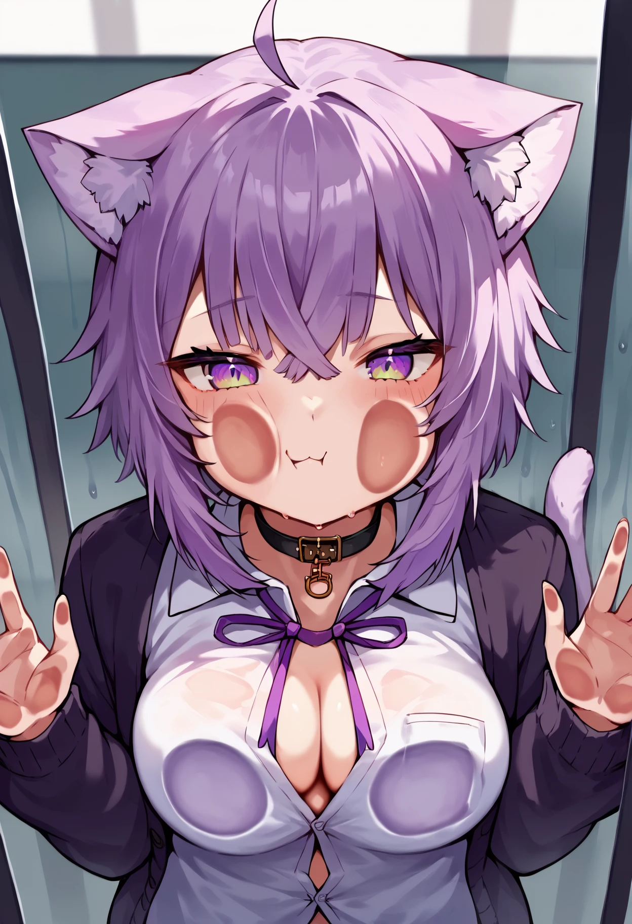 score_9, score_8_up, score_7_up, uncensored, source_anime, 1girl,  <lora:spagainstScreenXLPony:1> against glass, breast press, cheek press,  <lora:okayuXL:1> okayu_casual, dress shirt, purple ribbon, button gap, no pants, black cardigan, animal collar, cat tail, ahoge