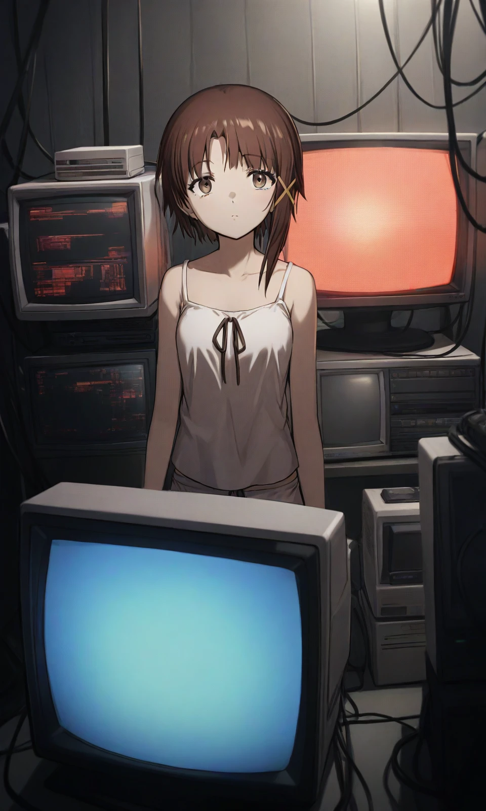 1girl, iwakura lain, full body, white camisole, bare shoulders, standing, brown hair, x hair ornament, hair ornament, brown eyes, looking at viewer, white shorts, computer screens, old crt monitors, mainframe, wires, monitor glow, blue screen, red screen, asymmetric hair, soft lighting, cinematic light, high quality, masterpiece