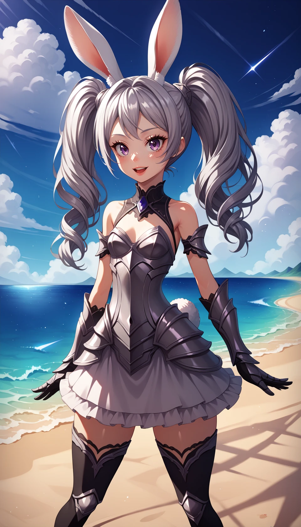 score_9, score_8_up, BREAK
solo, elinxl, silver hair, rabbit ears, twintails, 
dress, detached sleeves, gothic style, thighhighs, armored dress, armored gloves, 
looking at viewer, straight-on, 
outdoors, beach, sand, ocean, cloud, contrail, 
detailed background, 
colorful, drop shadow, light particles, 
masterpiece, best quality, very aesthetic, absurdres, 
<lora:Elin_Pony:1>