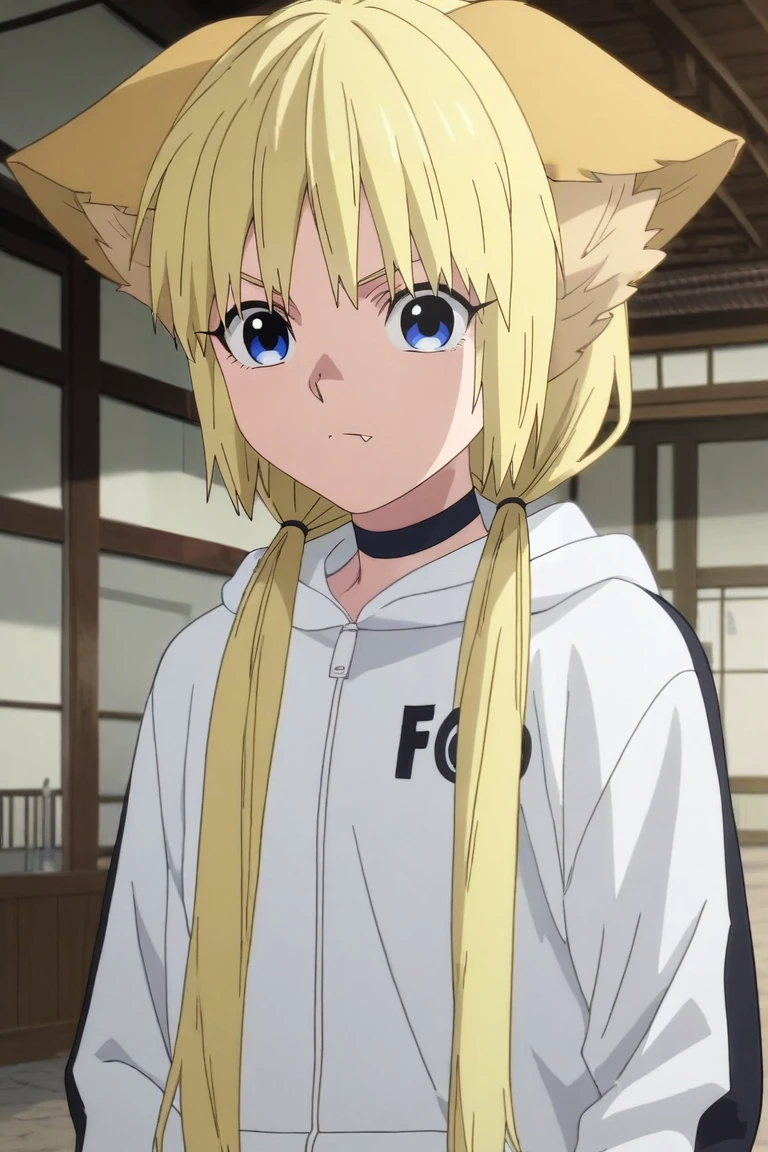 score_9, score_8_up, score_7_up, , rating_safe, , anime screencap, , , , , 1girl, solo, <lora:kon_kemono_jihen_pony:0.88>, kon_kemono_jihen, blonde hair, blue eyes, long hair, twintails, low twintails, bangs, hood, white hoodie, animal ears, , black choker, straight-on, town, japanese architecture, indoors, light, standing, skin fang, , <lora:sdxl_lightning_8step_lora:1>