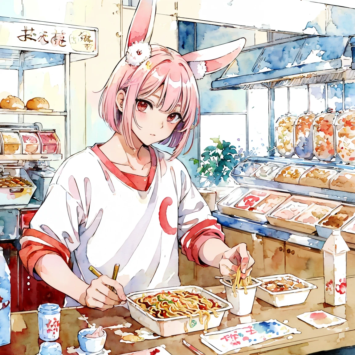 (masterpiece, best quality), (a manga of white-line-4-panel: 1.4), (watercolor style illustration, :1.3)
(young-man: 1.3) flat-chest (rabbit-ears: 1.3) (white-short-bob-hair: 1.3) red-eyes pink-gakuran pants white-lab-coat
break
Street Town Food-Cart Food-Stall Table (Morning: 1.4) (Long Frankfurter bun with Yakisoba in between: 1.2)
Signboard (Drawn on it and the words âYakisoba Paniâ written on it.)