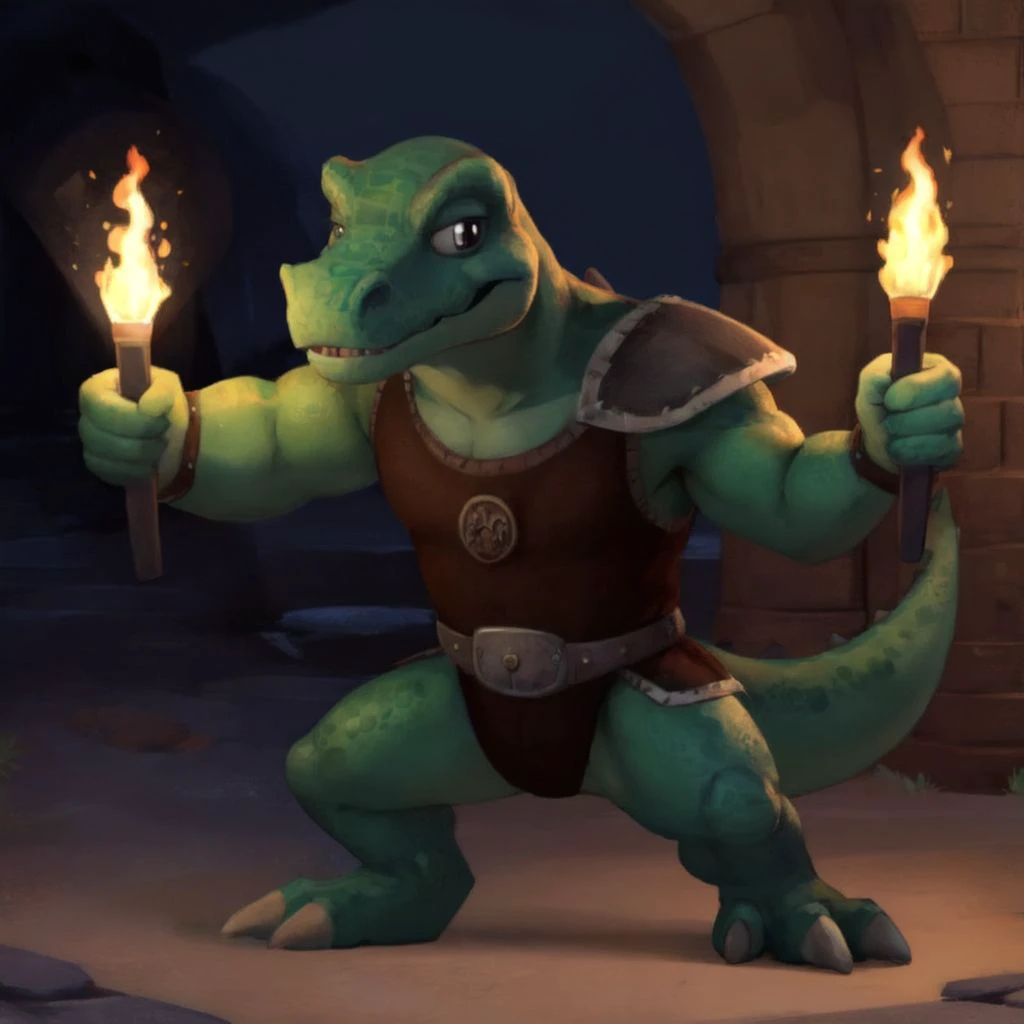 sharpclaw, reptile, <lora:Sharpclaws:0.7>, by dreamworks:1.3, colorful, warrior, red warrior outfit,  looking at viewer:1.2, pointing object at viewer, holding torch, fighting stance, tail up, flail, stone floor, stone tower, gate,  <lora:btets_v1.0_:0.5>, black eyes, small pupils, <lora:furryflatcolor:0.5>