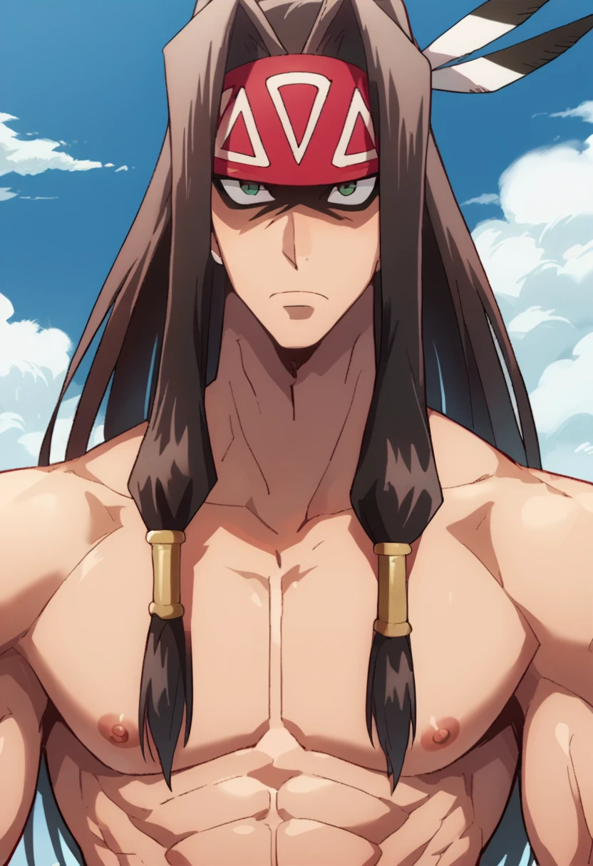 score_9,score_8_up,score_7_up,score_6_up,
source_anime,
muscular male, 1man, solo,
topless male, bare chest, large pectorals,
close up, upper body,
looking at viewer, serious, hair bangs, male nipples,
red headband,
<lora:Silva_sk21:1.0> silva_sk21