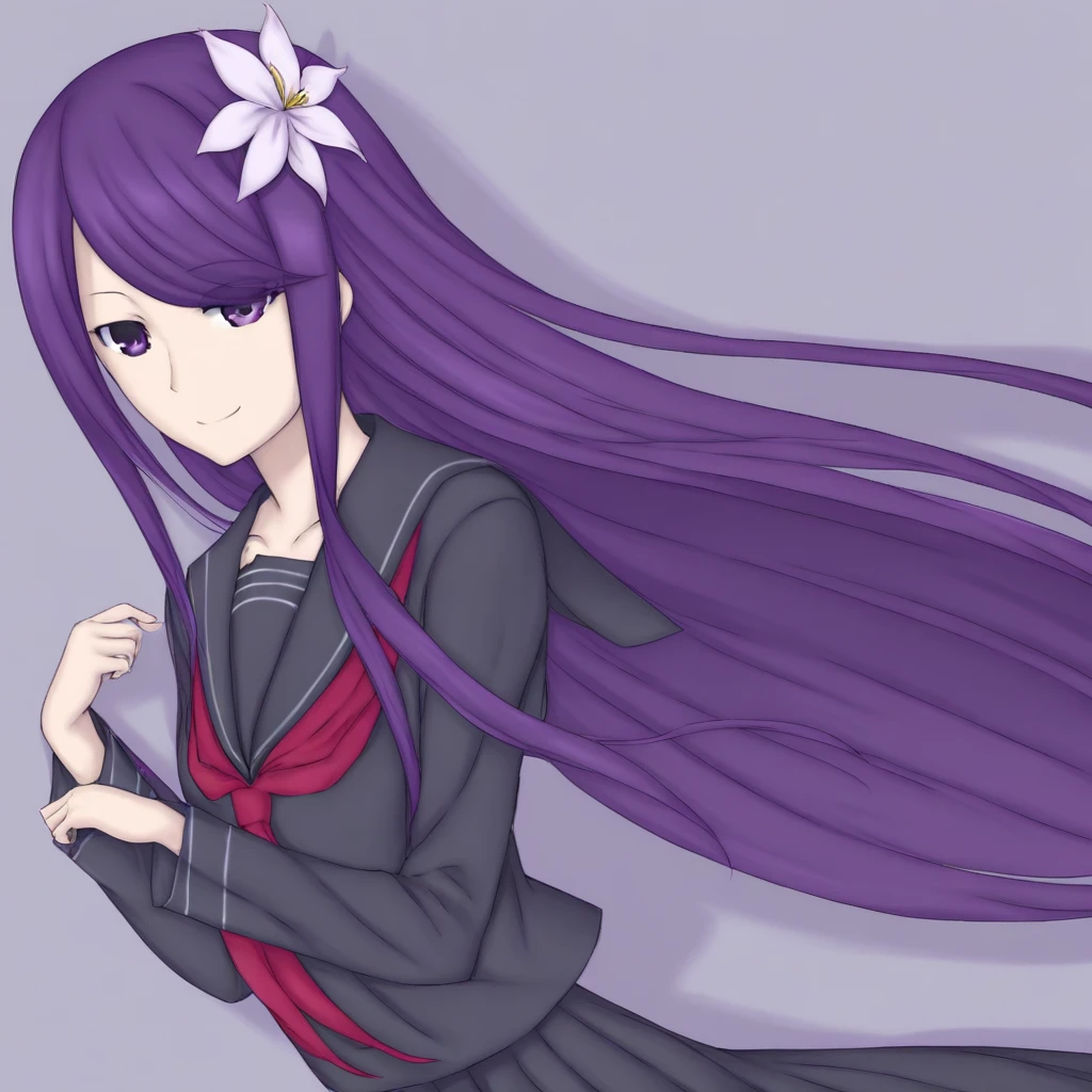 Tsukuyomi, Strix, unib, very long hair, purple hair, swept bangs, grey eyes, flower in hair, white flower, serafuku, dark serafuku, sailor collar, dark sailor collar, long sleeves, ribbon tie, red ribbon tie, skirt, long skirt, dark skirt, smile,