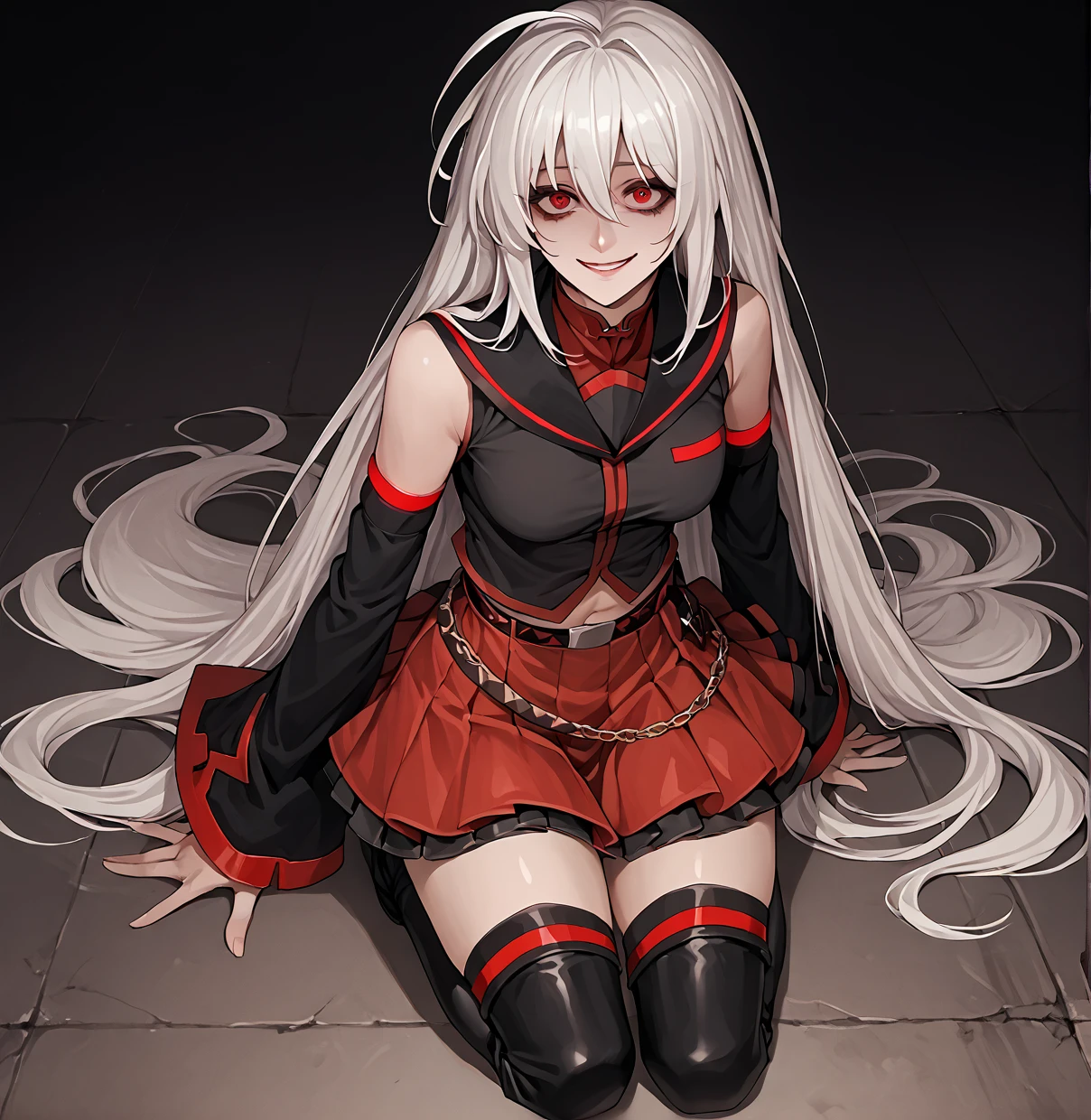 source_anime, score_9, score_8_up, score_7_up, 1girl, solo, sexy, thick thighs,  on knees, looking at viewer, white hair, long hair, detached sleeves, red eyes, smile, yandere, ahoge, sleeves past wrists, thigh boots, skirt, 
<lora:Feeding_Time_r1:1>
<lora:Sukone_Tei-000010:1>