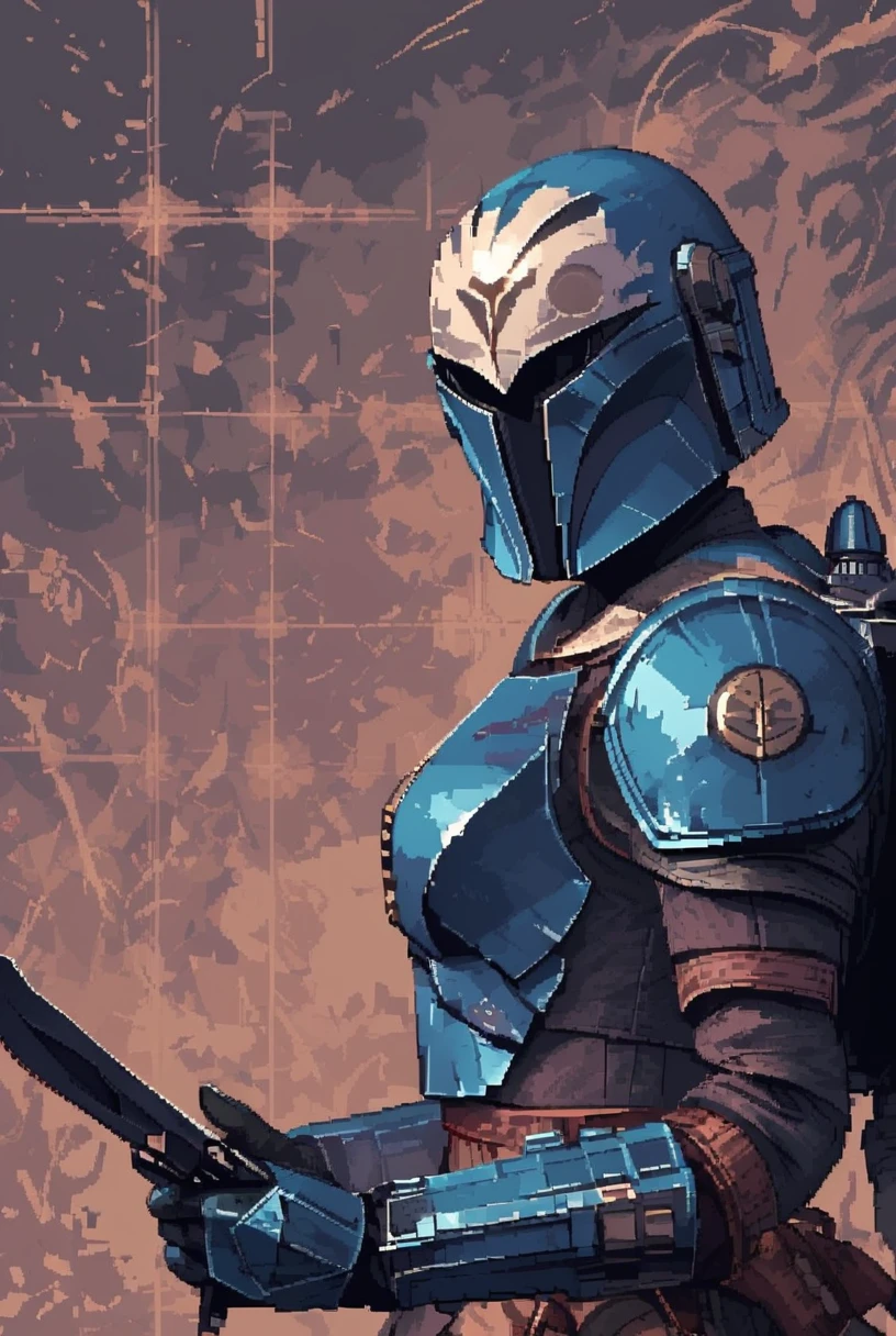 7-MandalorianArmour, solo, gloves, 1girl, holding, weapon, portrait, holding weapon, gun, helmet, knife, science fiction,  holding knife
blue armour, white armour trim, intricate patterns, highly precise
[pixel art,  detailed, 7-MandalorianArmour]
<lora:Mandalorian Armour PONY:1>  <lora:d3p1x3lXLP:1>