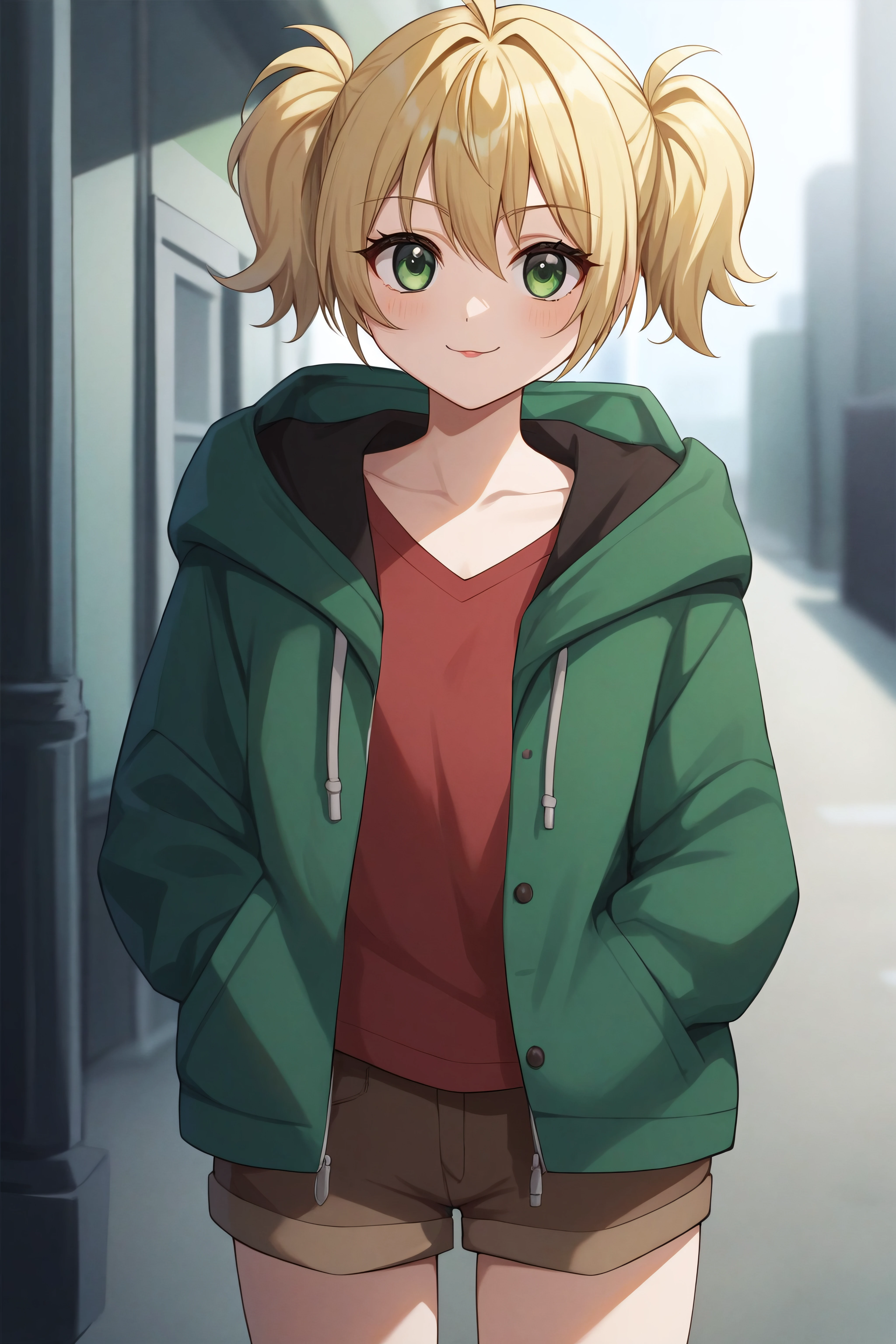 score_9, score_8_up, score_7_up, BREAK source_anime, <lora:Young Cal Devens-PonyXL-lora-Faxtron:0.8> young cal devens, green eyes, blonde hair, short twintails, red shirt, green hooded jacket, brown shorts,