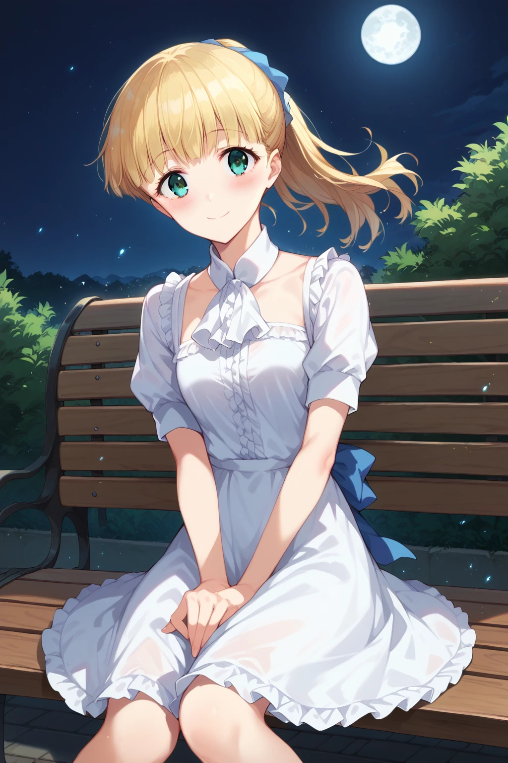 (score_9, score_8_up:1.1), score_7_up, teresa wagner, 1girl, solo, blonde hair, bangs, ponytail, white frilly dress, looking at viewer, smile, blush, sitting, bench, outdoors, night, moon, light perticles, wind particles, highly detailed,