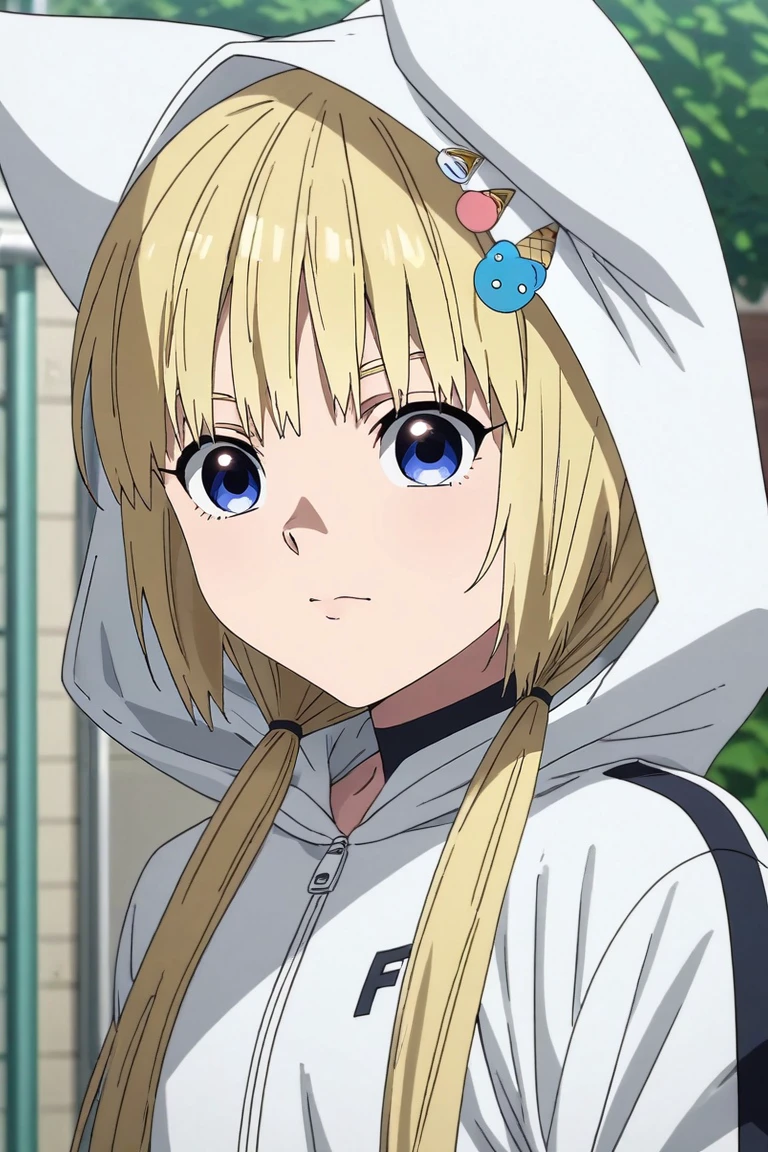 score_9, score_8_up, score_7_up, source_anime, rating_safe, intricate details, , looking at viewer, depth of field, 1girl, solo, <lora:kon_kemono_jihen_pony:0.96>, kon_kemono_jihen, blonde hair, blue eyes, long hair, twintails, low twintails, bangs, hood, white hoodie, animal ears, hair ornament, , , , <lora:sdxl_lightning_8step_lora:1>