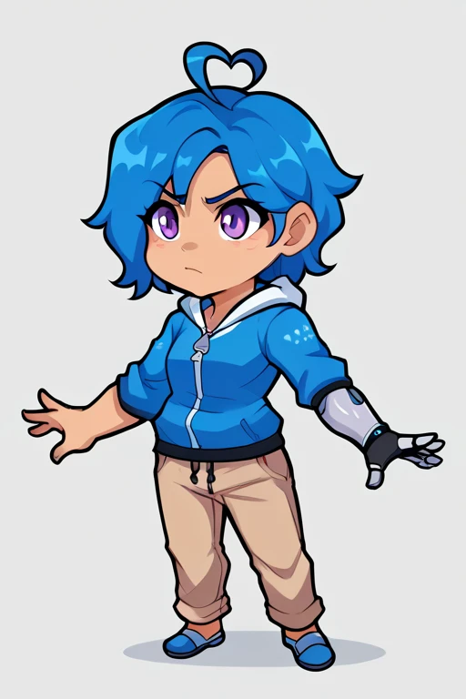 Chibi, score_9, score_8_up, score_7_up,BREAK, 1girl, Tari, Blue Hoodie, tan pants, Mechanical Arm, Blue Hair, ahoge, Purple Eyes<lora:EMS-410457-EMS:1.000000>