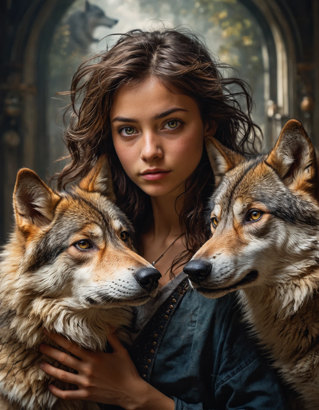 highly detailed and hyper realistic photo, by Phil Jimenez , by A.J.Casson , by Eugene Galien-Laloue , a hyper detailed portrait of a young model and a wolf , in the style of etheral luminoscope, limited dark palette, unusual dark colors, faded colors, atmospheric haze, highly dramatic cinematic lighting, motion blur, film grain, professional, excellent composition, finest details, maximized details, ultimate detail level, masterpiece, best quality