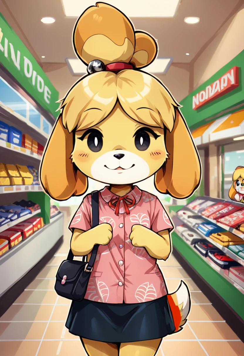 score_9, score_8_up, score_8,    <lora:Shizue_for_PonyXl:0.8> 1girl, dog girl, shizubelle, animal ears, furry female, blonde hair, tail, black eyes, topknot, shirt, skirt, shopping mall, handbag,