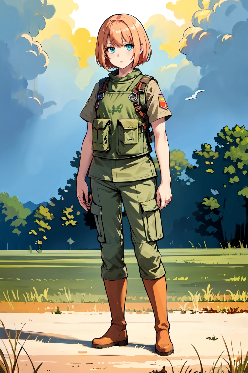 masterpiece,best quality,1girl,very short hair,peach colored hair,standing,coldwarvest,short sleeves,cargo pants,metal boots,expressionless,full body,outdoors, in field,  fcDetailPortrait,  <lora:coldwarvest:0.7>