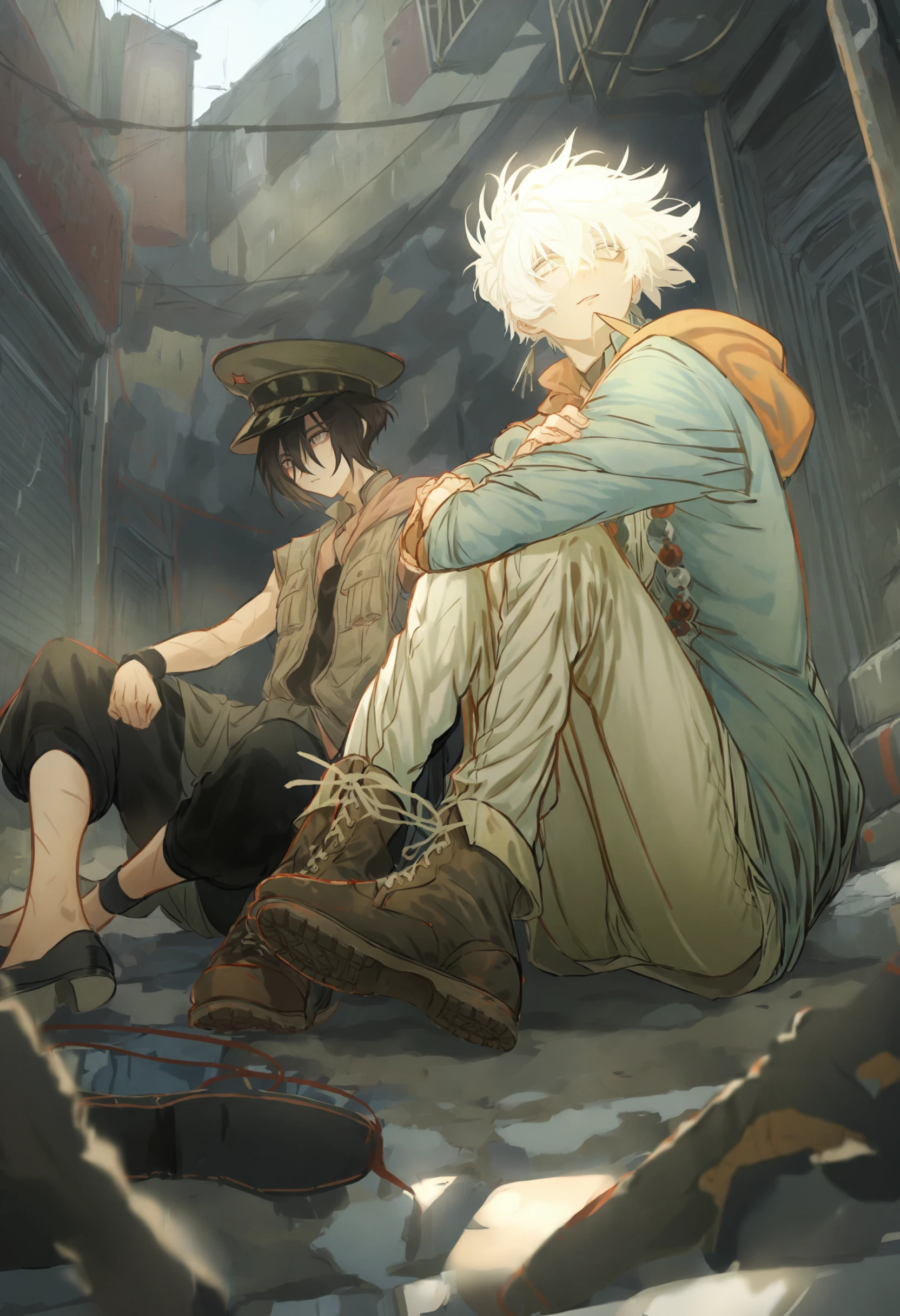 masterpiece, best quality,male focus, black hair, multiple boys, 2boys, white hair, hat, hood, sitting, short hair, boots, jacket
<lora:huyaXLlokr3f-000191:0.95>