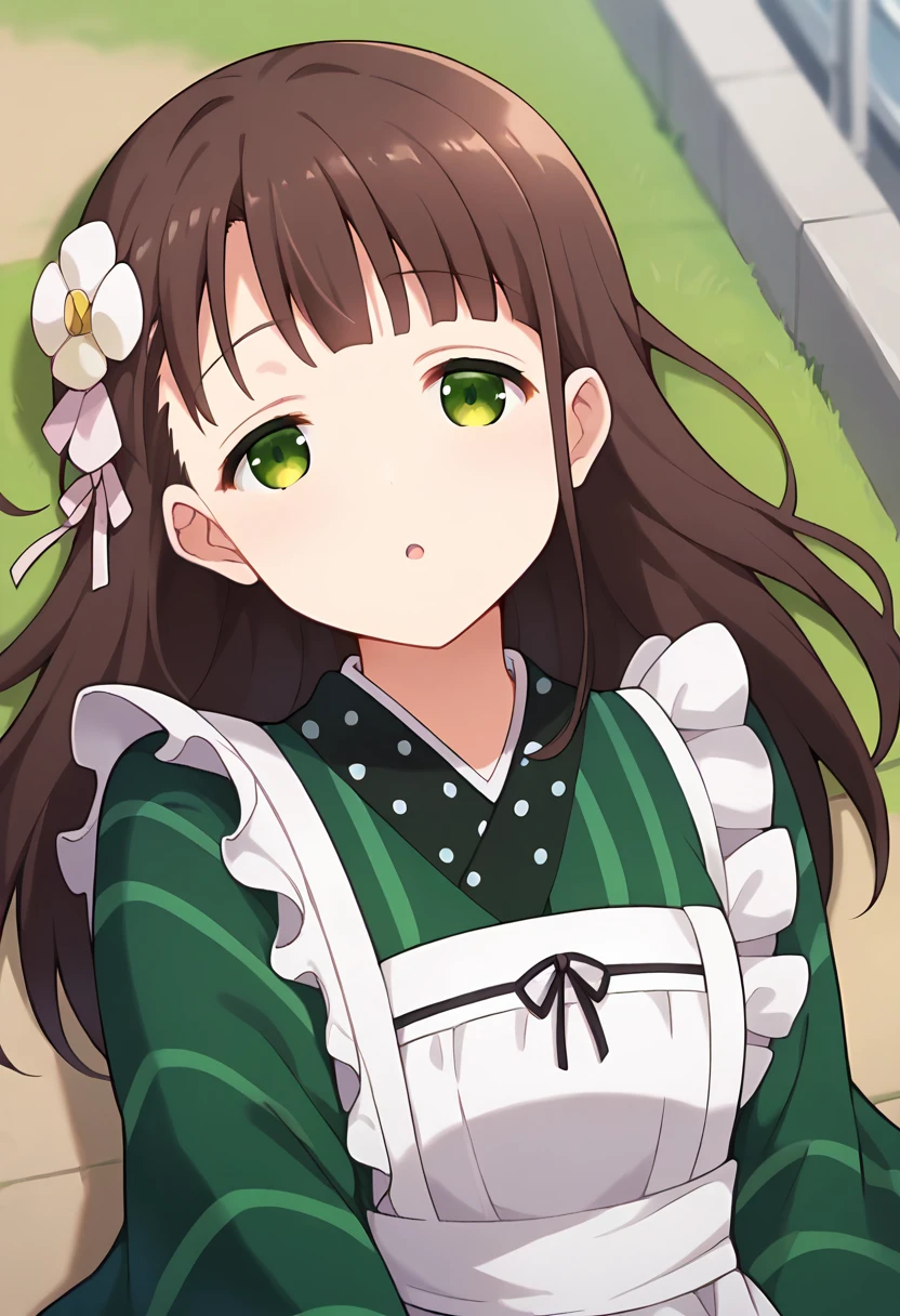 score_9, score_8_up, score_7_up, source_anime, masterpiece, 1girl, ctianchiy4, brown hair, frilled apron, white apron, green kimono, neck ribbon, striped, looking at viewer, outdoors, city, depth of field, half-closed eyes, chestnut mouth, lying, on ground, <lora:Chiya_Ujimatsu_pony_ct:1>