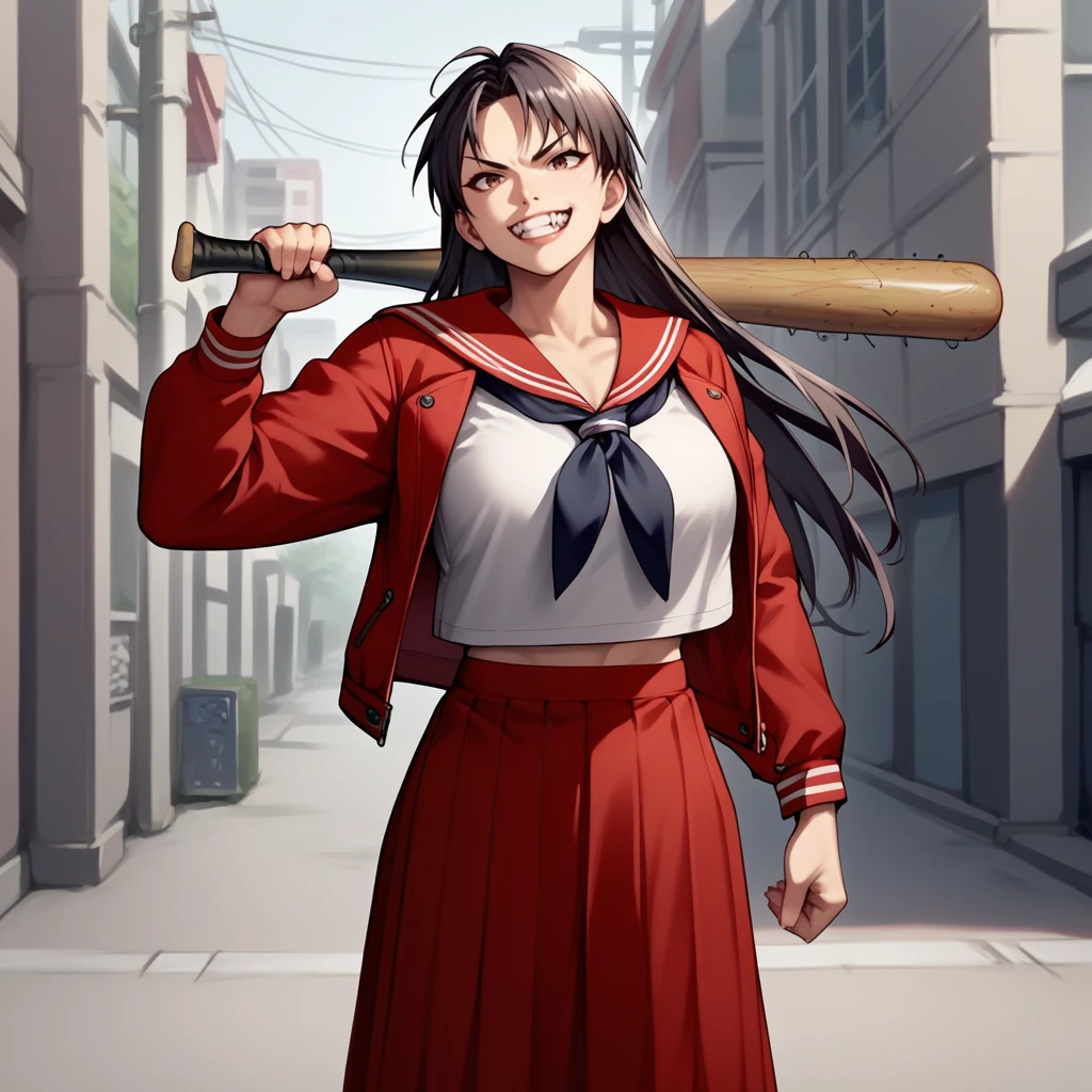 score_9,score_8_up,score_7_up,score_6_up,source_anime,rating_questionable, 1girl, solo, urban setting, cowboy shot <lora:Sukeban__Delinquent_Girl_Outfit:0.8> sukeban, white serafuku,baseball bat, red jacket, snarl, long skirt,, zPDXL2,