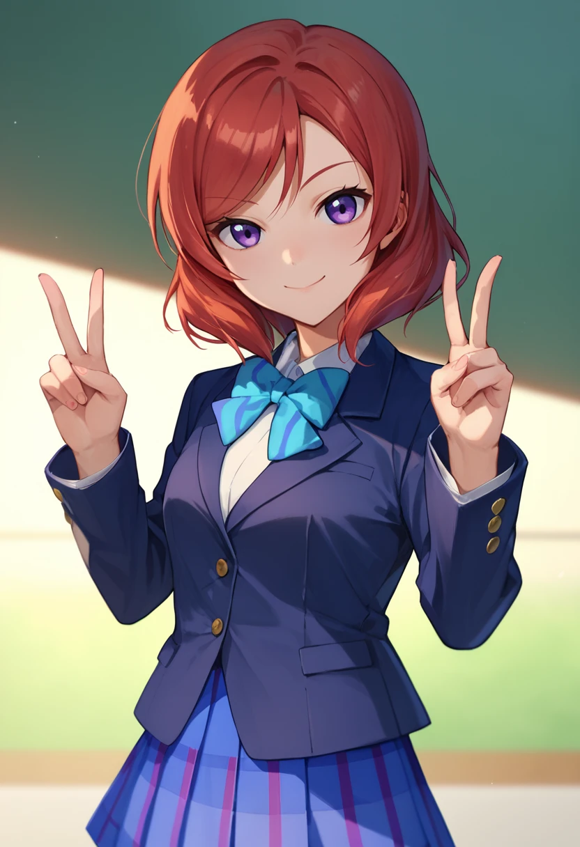 score_9, score_8_up, score_7_up, 1girl,  Nishikino maki, red hair, purple eyes, short hair, aqua bow, blue blazer, pleated skirt, double v, smile, closed mouth, looking at viewer,     <lora:Nishikino Maki 3-000006:1>