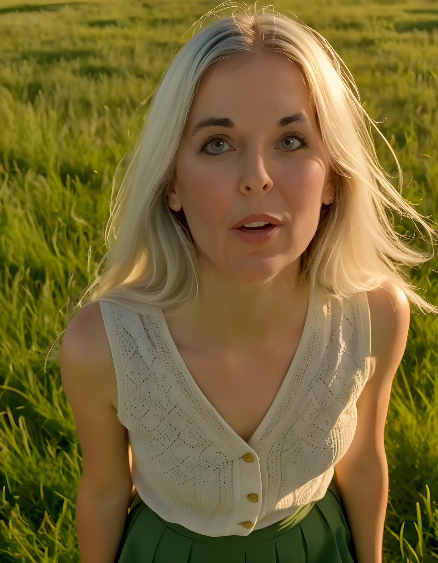 In a breathtaking tableau, the enigmatic Julie stands at the edge of an emerald meadow bathed in the soft golden glow of sunset, her white hair cascading down her back like a silken waterfall. Her countenance is a study in contrasts: one eye half-closed and heavy-lidded with long, dark lashes, while the other remains open, reflecting the vividness of the fading day. The freckles scattered across her nose and cheeks add to her youthful charm, further emphasized by her biting lower lip. Her grey eyes, filled with a mixture of melancholy and determination, stare off into the distance as if lost in thought. She wears a unique outfit consisting of a sleeveless shirt adorned with intricate patterns that seem to shimmer in the waning sunlight, paired with a long, flowing brown skirt that billows gently in the wind. The stark whiteness of her hair and the earthy tones of her clothing contrast beautifully against the lush green grass beneath her feet, creating a visually striking image that captures the essence of both fragility and strength. The camera angle is low, looking up at Julie from below, emphasizing her towering presence amidst the landscape, while the lighting casts long shadows across the meadow, adding an air of mystery to the scene.