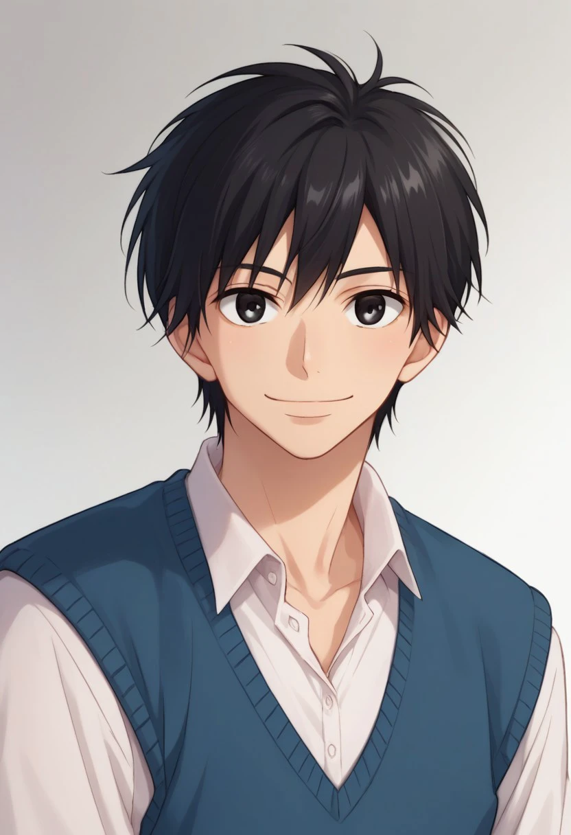 score_9, score_8_up, score_7_up, source_anime, highly detailed,
kazahaya, 1boy, male focus, solo, school uniform, black hair, upper body, black eyes, looking at viewer, smile, shirt, white shirt, collared shirt, sweater vest,
indoor,