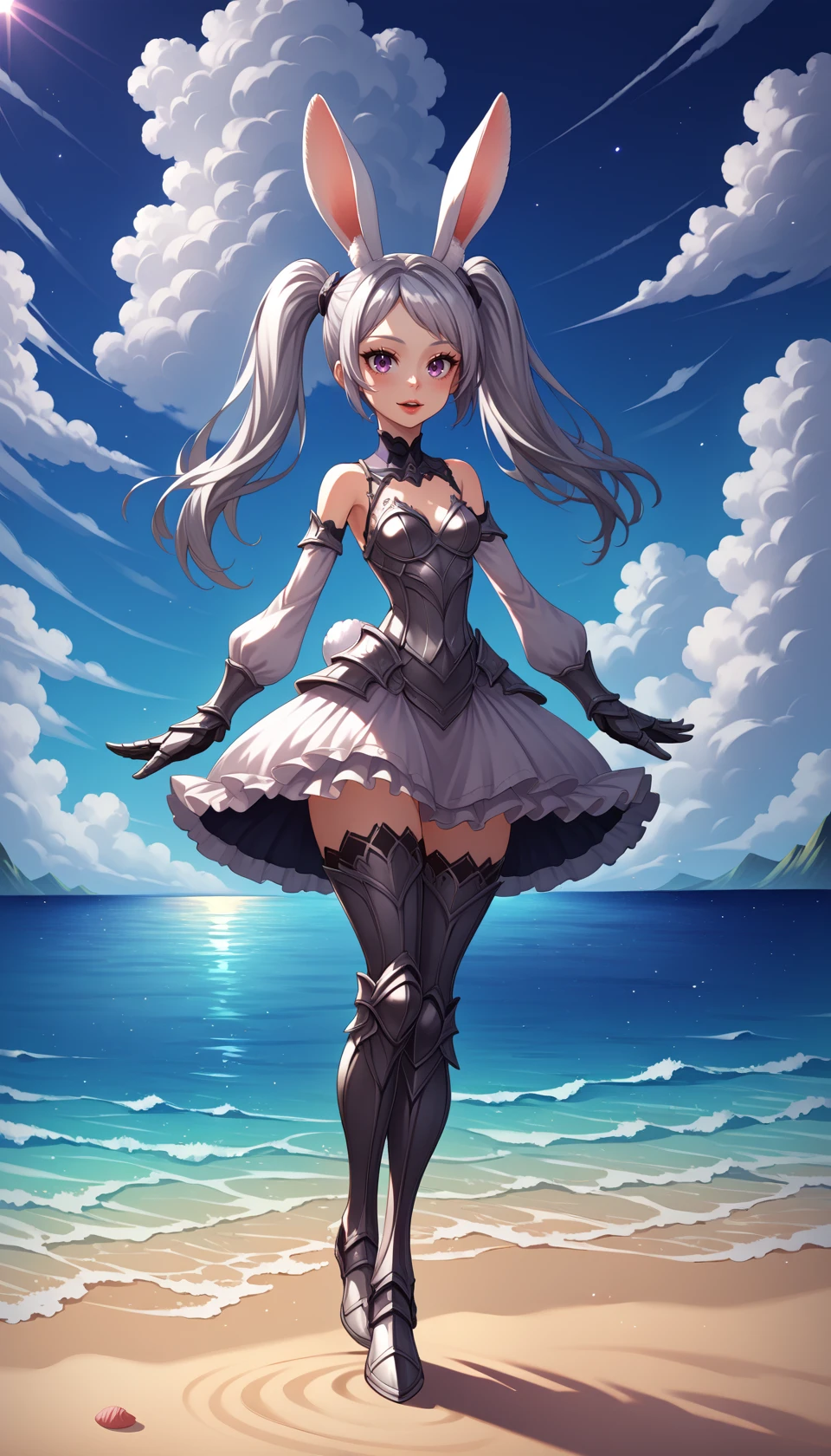 score_9, score_8_up, BREAK
solo, elinxl, silver hair, rabbit ears, twintails, 
dress, detached sleeves, gothic style, thighhighs, armored dress, armored gloves, 
looking at viewer, straight-on, 
outdoors, beach, sand, ocean, cloud, contrail, 
detailed background, 
colorful, drop shadow, light particles, 
masterpiece, best quality, very aesthetic, absurdres, 
<lora:Elin_Pony:1>