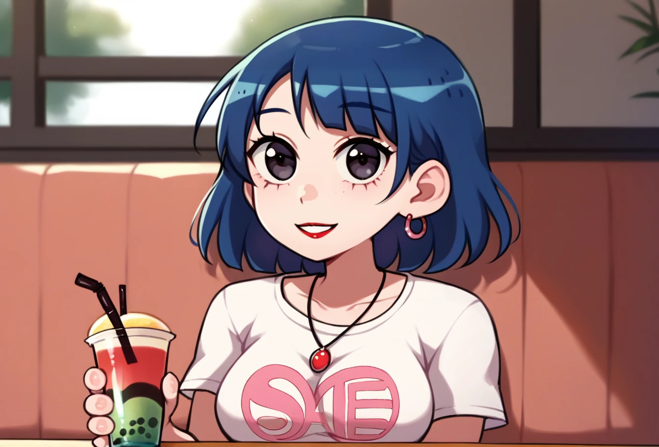 score_8, score_9, source_cartoon, celshaded, rating_questionable, female focus, 1girl sitting in cafe, portrait, ppfnono, ppfnono_hu, 1girl, short blue hair, black eyes, medium breasts, red lips, makeup, holding boba-tea drink, pastel pink print crop-top t-shirt, midriff, jeans, ear-rings, necklace, looking at viewer, eyecontact, parted lips, smile, indoors, cozy lighting, bustling cafe, depth of field