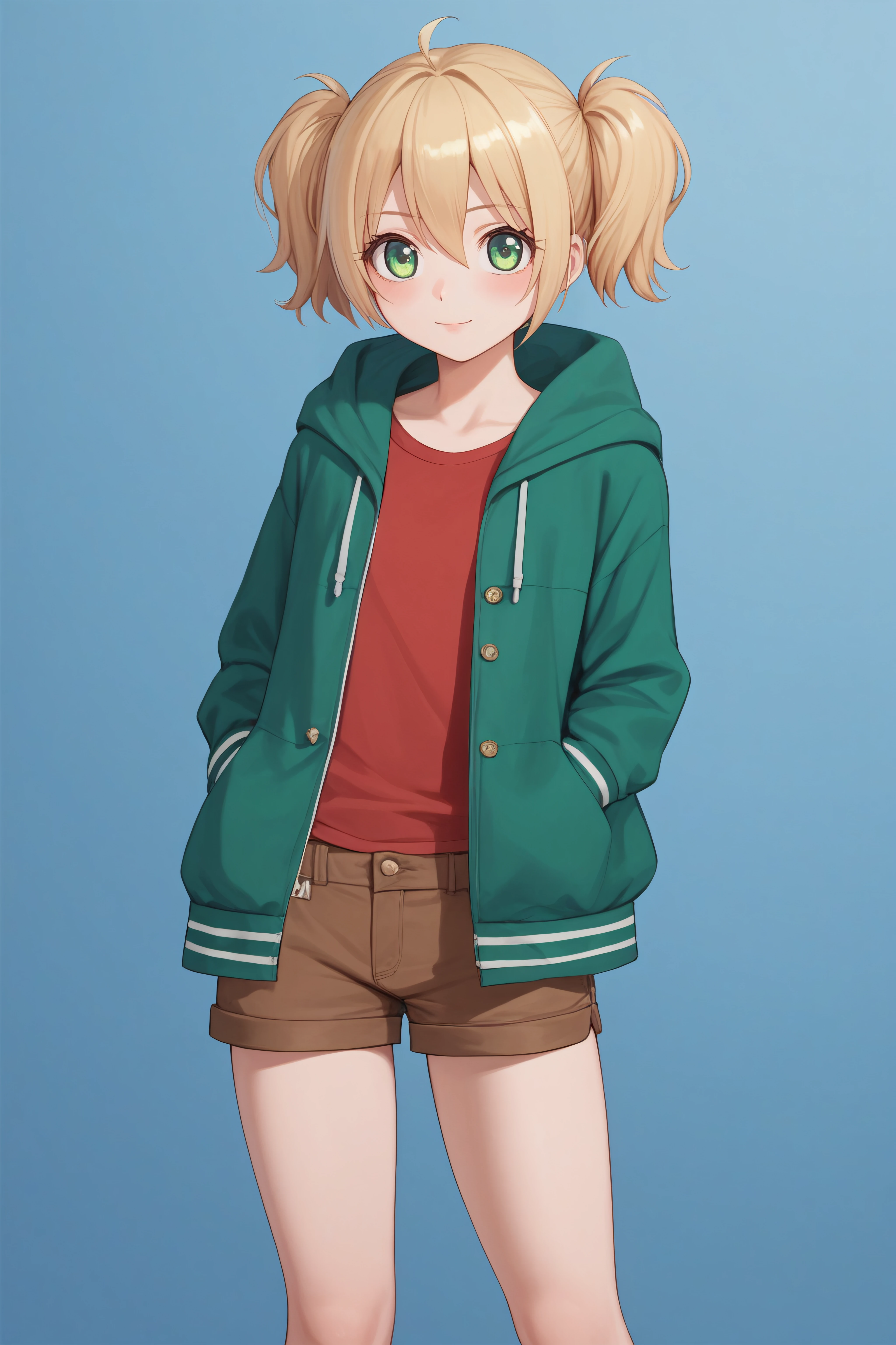 score_9, score_8_up, score_7_up, BREAK source_anime, <lora:Young Cal Devens-PonyXL-lora-Faxtron:0.8> young cal devens, green eyes, blonde hair, short twintails, red shirt, green hooded jacket, brown shorts,